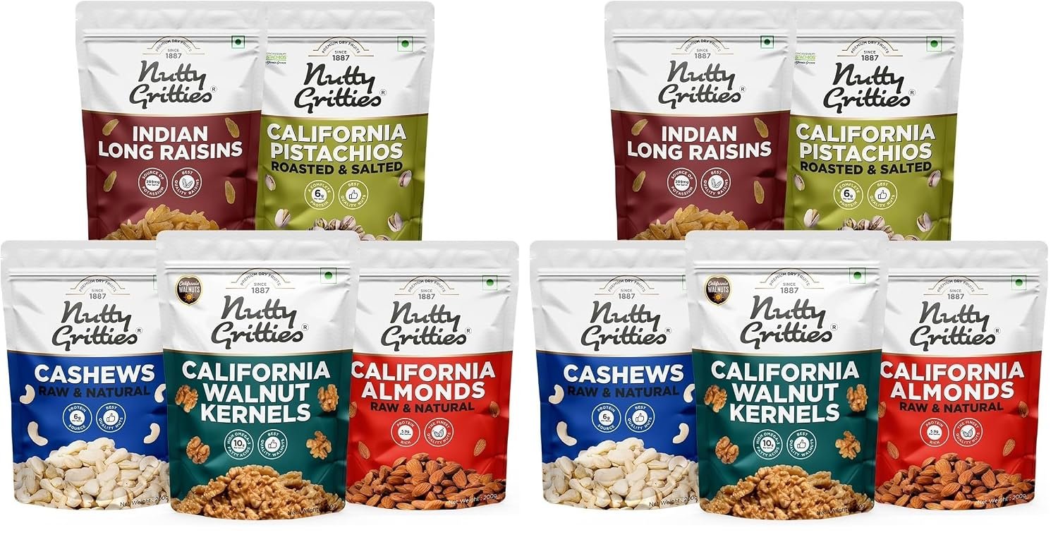Nutty Gritties Mixed Dry Fruits Combo, 1Kg | California Almonds, Cashews Nuts, Long Green Raisins, California Walnuts Kernels, Roasted Salted Pistachios Pista | Resealable Pouch - (200g Each) - Image 2