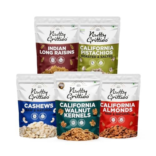 Nutty Gritties Mixed Dry Fruits Combo, 1Kg | California Almonds, Cashews Nuts, Long Green Raisins, California Walnuts Kernels, Roasted Salted Pistachios Pista | Resealable Pouch - (200g Each) - Image 6