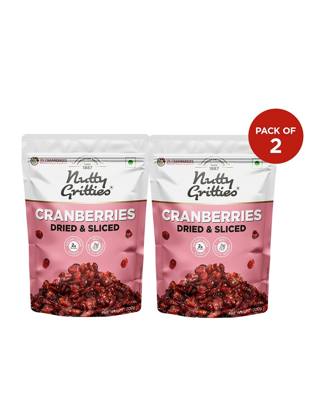 Nutty Gritties Pack of 2 Whole Healthy Snackable Dried & Sliced Cranberries 400g
