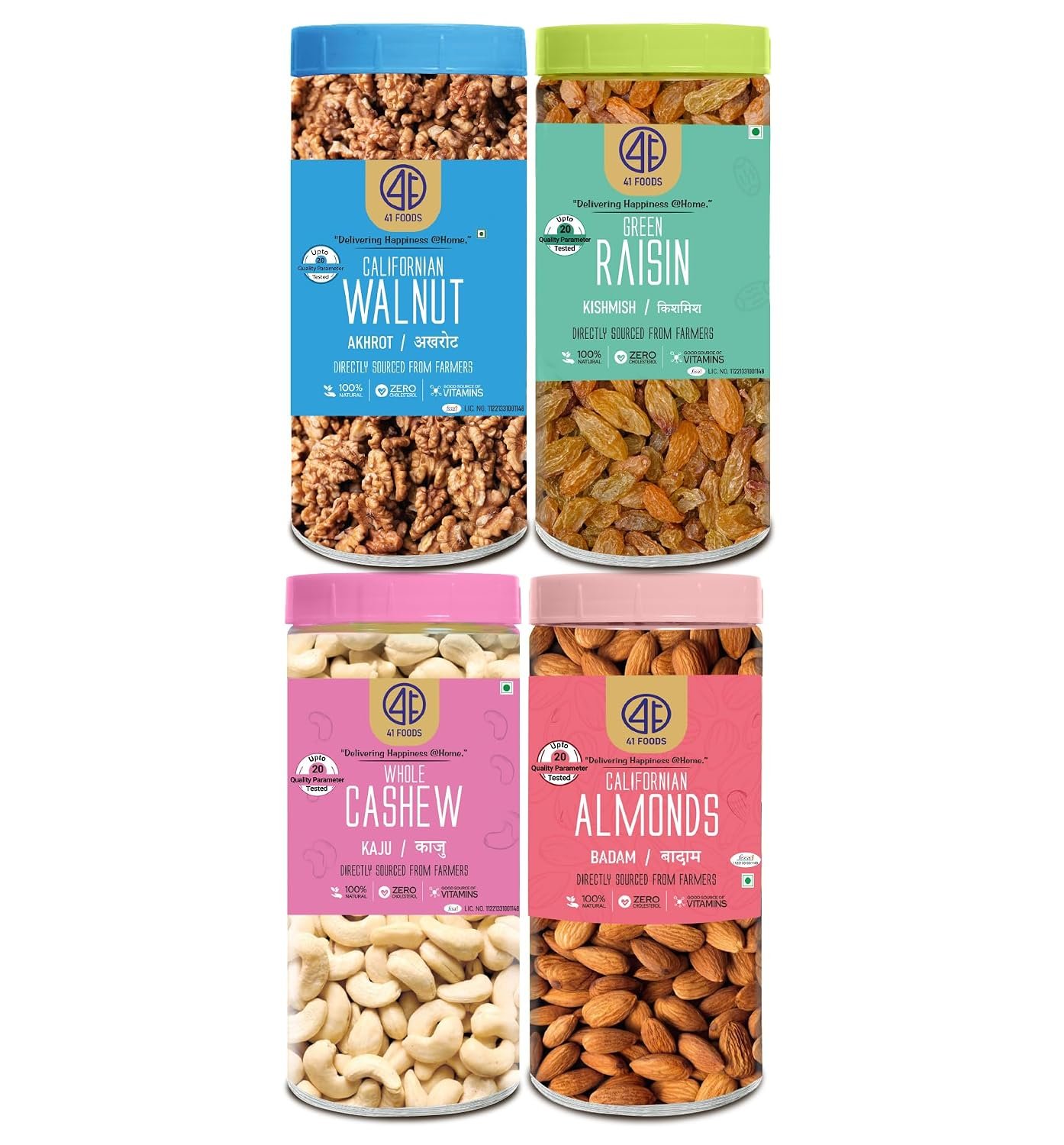 41 Foods Premium Dry Fruits Combo of Almonds Cashews Raisins and Walnuts | 2 KG (500g x 4)