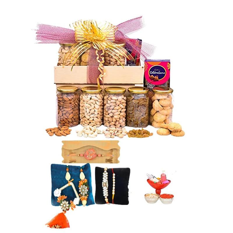 Giftrend Bundle with Rakhi Mixed Nuts Gift | Floral Bhai Bhabhi Pair with Family Rakhi Combo