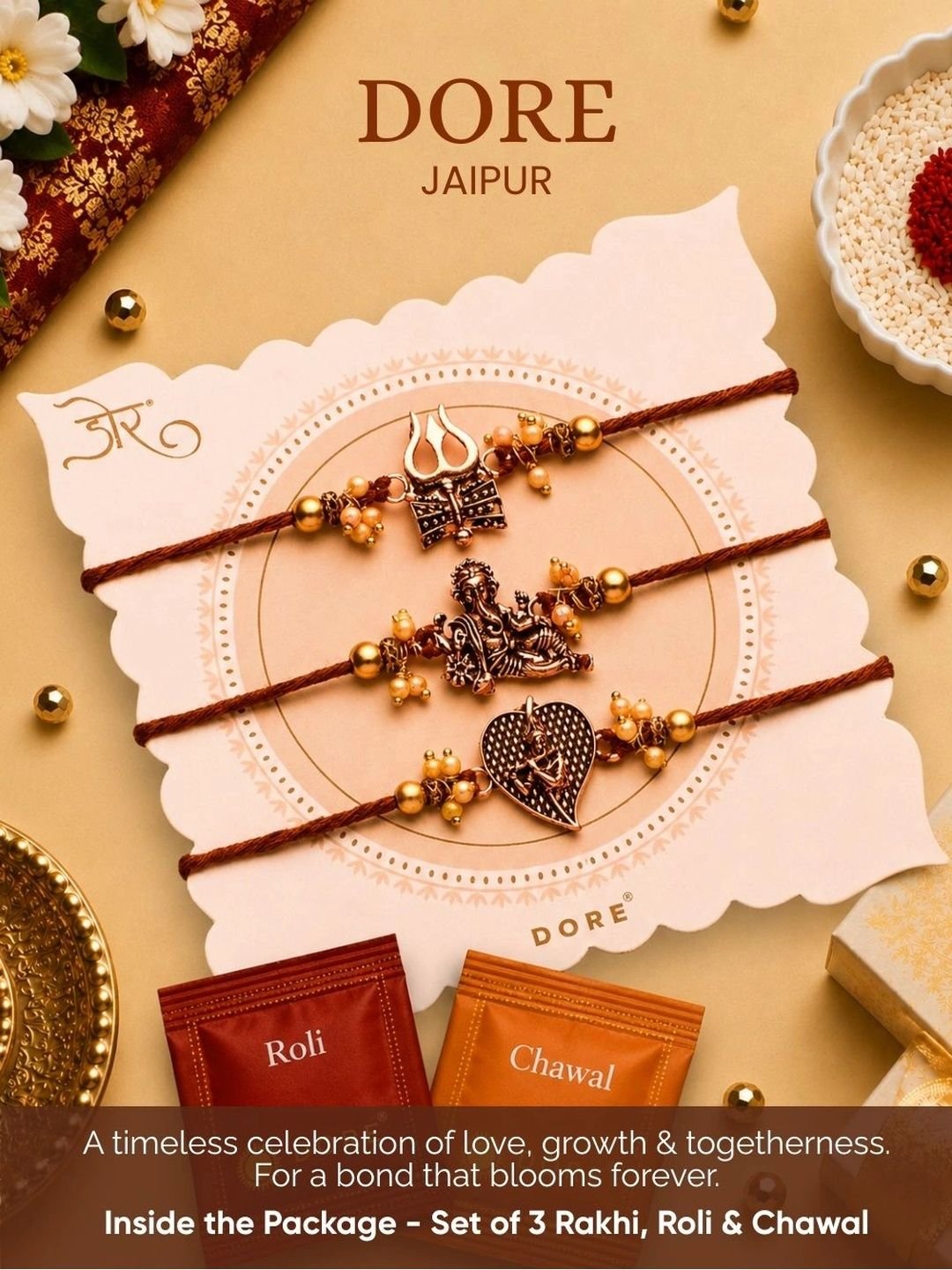 Hyperfoods Set Of 3 Charm Rakhis With Sapphire Hazelfills Chocolates Gift Set - Image 2