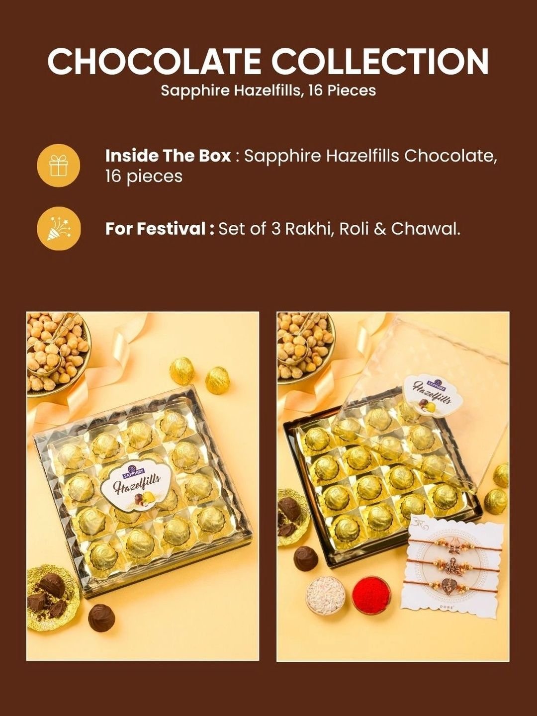 Hyperfoods Set Of 3 Charm Rakhis With Sapphire Hazelfills Chocolates Gift Set - Image 3