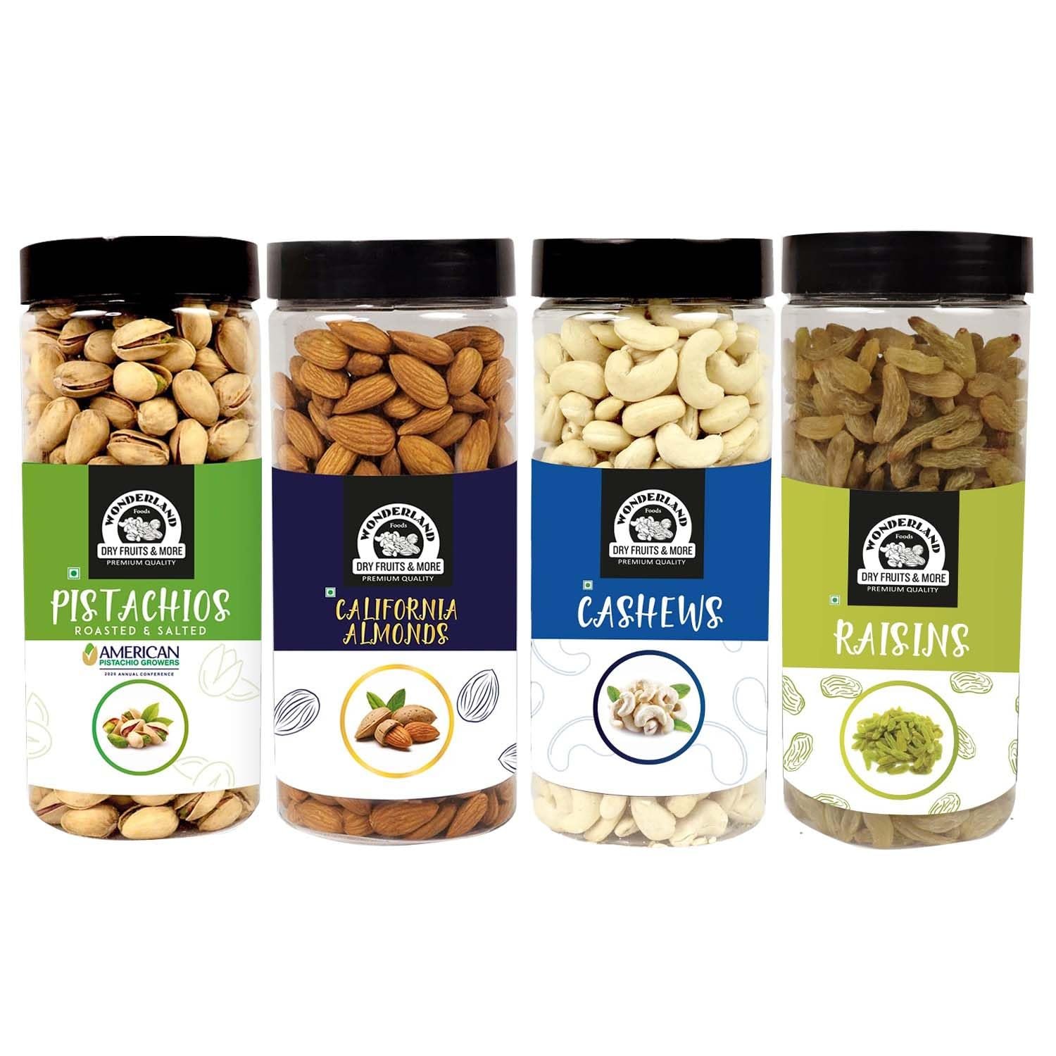 Wonderland Foods 2Kg (500g X 4) Dry Fruits Combo Pack of 4 | Almonds (NP), Cashews (W-320) Mangalore Quality, Roasted & Salted Pistachios and Raisins Jar