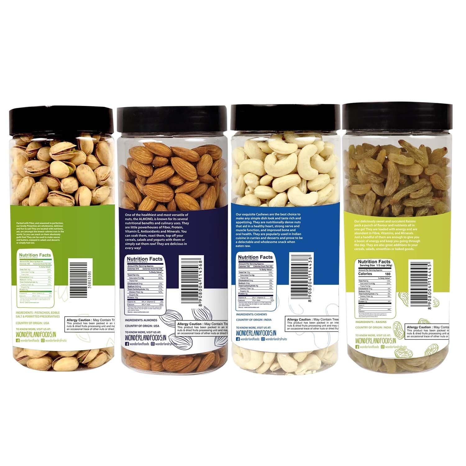 Wonderland Foods 2Kg (500g X 4) Dry Fruits Combo Pack of 4 | Almonds (NP), Cashews (W-320) Mangalore Quality, Roasted & Salted Pistachios and Raisins Jar - Image 3
