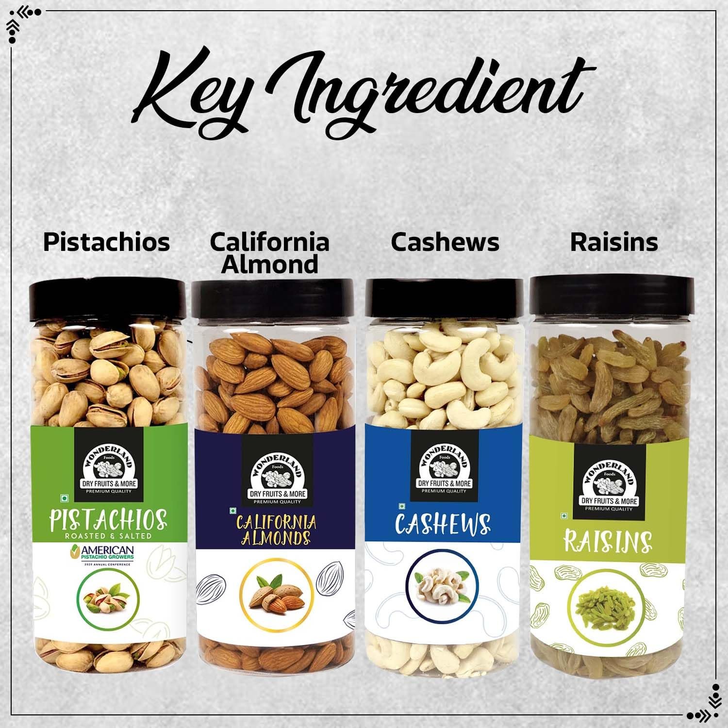 Wonderland Foods 2Kg (500g X 4) Dry Fruits Combo Pack of 4 | Almonds (NP), Cashews (W-320) Mangalore Quality, Roasted & Salted Pistachios and Raisins Jar - Image 4