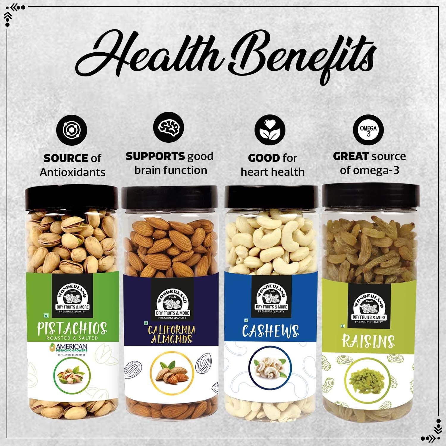 Wonderland Foods 2Kg (500g X 4) Dry Fruits Combo Pack of 4 | Almonds (NP), Cashews (W-320) Mangalore Quality, Roasted & Salted Pistachios and Raisins Jar - Image 5