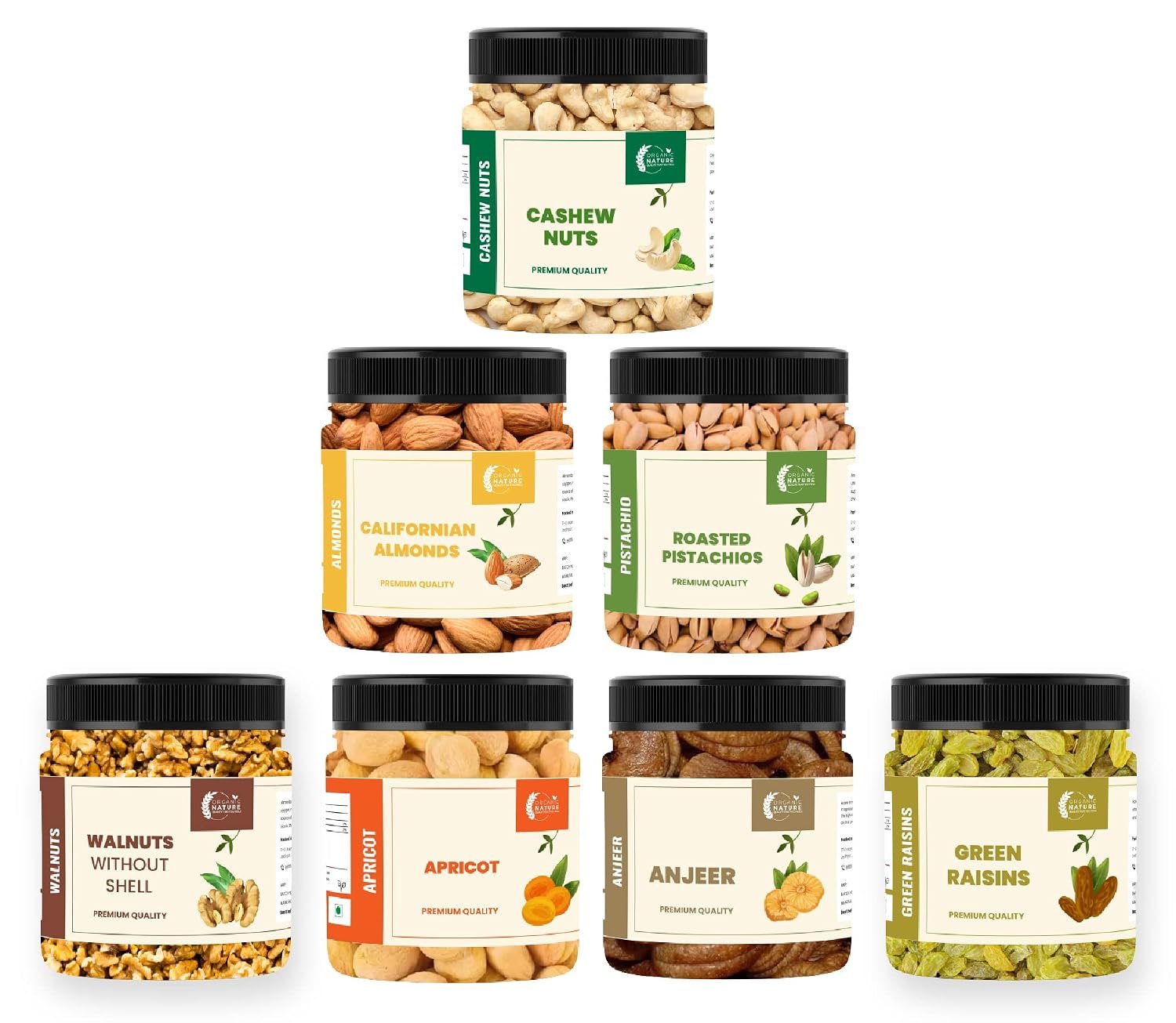 ORGANIC NATURE Dry Fruits Combo Pack of Almonds, Cashews, Pistachios, Figs, Walnuts, Apricot and Green Raisins 250 Grams Each| Total Weight 1.75 Kg| Jar Pack|