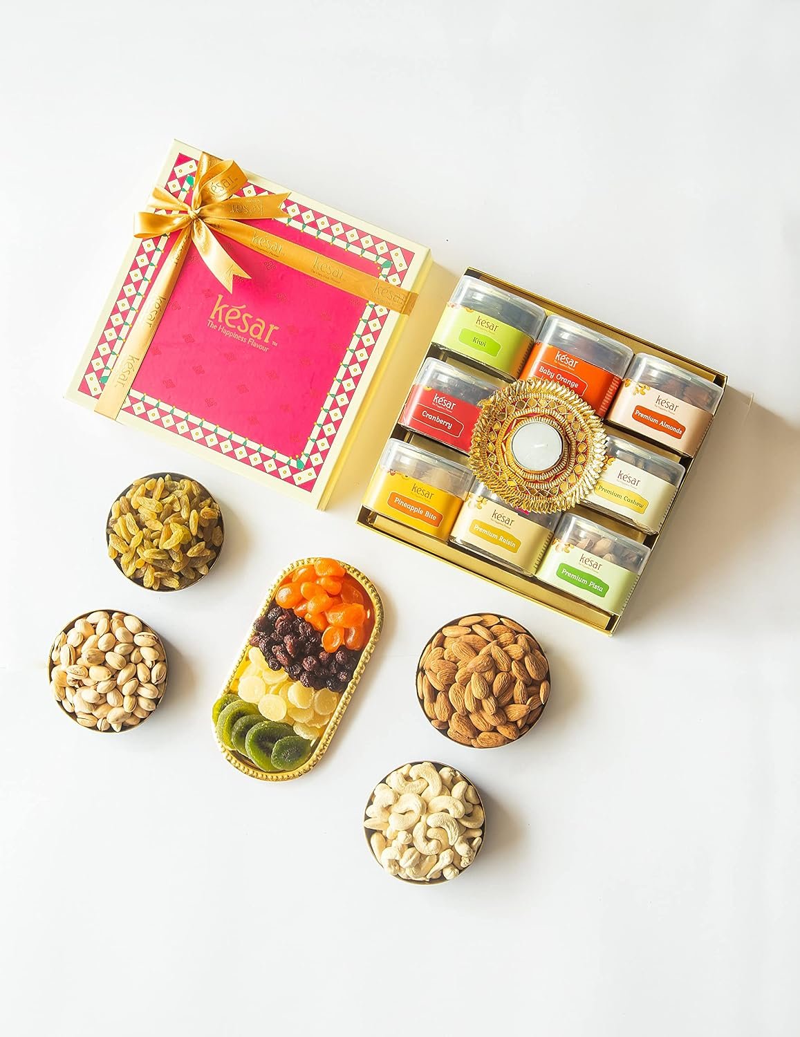 Dessert Drama Permium Dry Fruits Gift Box with Cashews, Almonds, Pistachios, Raisins, Sundried Pineapple, Sundried Kiwi, Sundried Cranberry, Sundried Orange (100g Each) with Rakhi Set For Gift