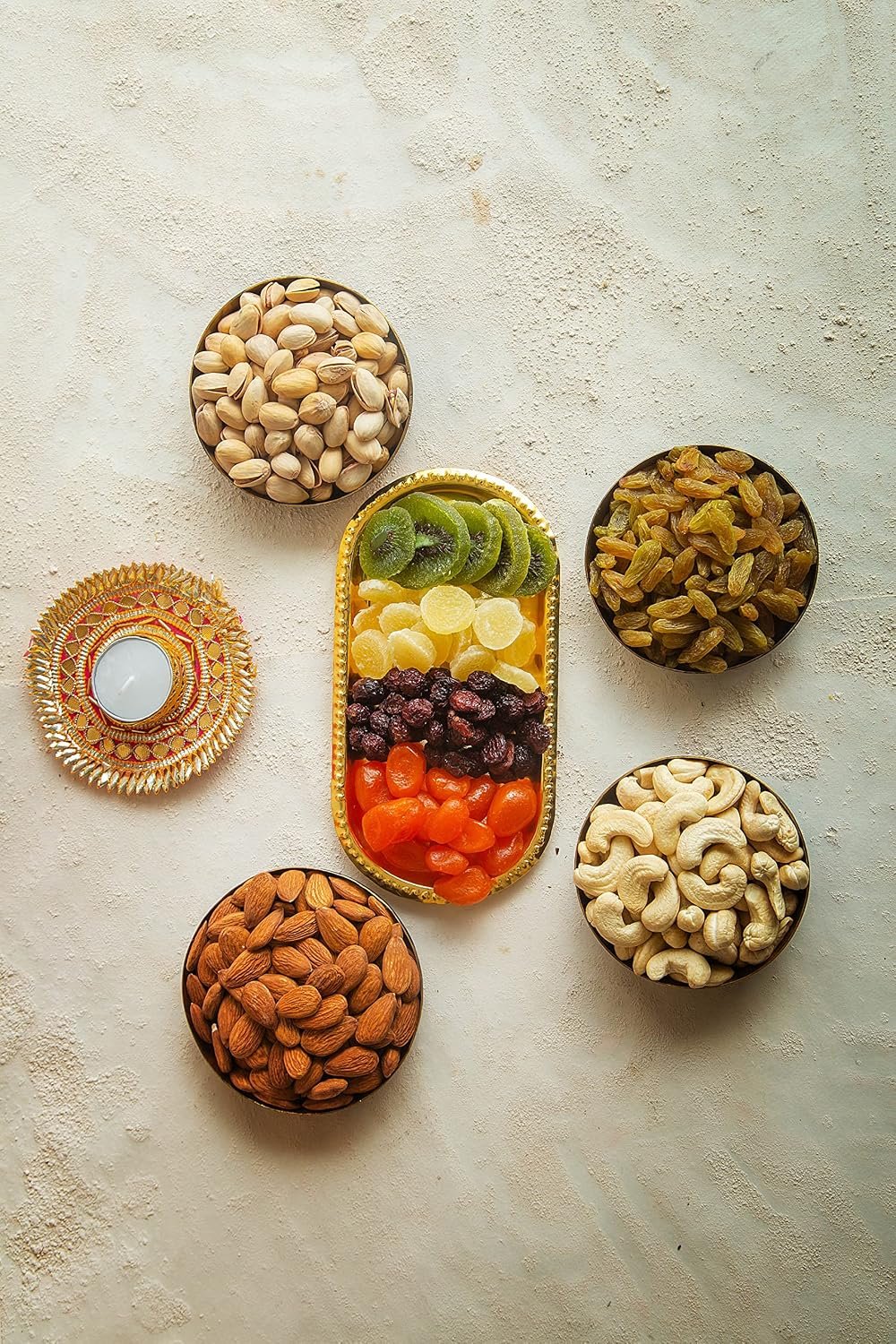 Dessert Drama Permium Dry Fruits Gift Box with Cashews, Almonds, Pistachios, Raisins, Sundried Pineapple, Sundried Kiwi, Sundried Cranberry, Sundried Orange (100g Each) with Rakhi Set For Gift - Image 2