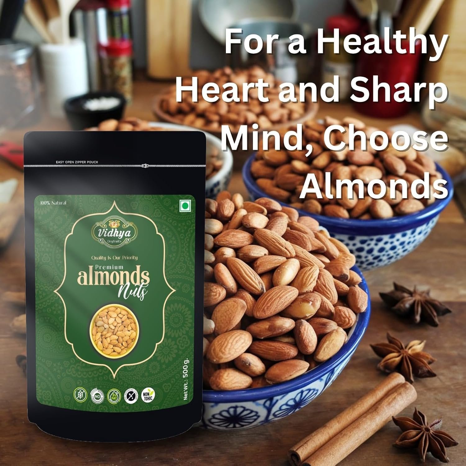 VIDHYA DRYFRUITS Almond, Pista– Fresh and Crunchy, High in Protein and Nutrients (Almond 500g, Pistachios (2 x 500g) - Combo Pack (3 x 500g)