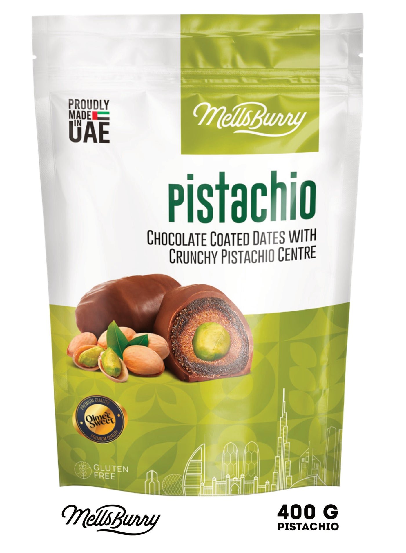 Pistachio Chocolate Coated Dates with Crunchy Pistachio Centre 400g | Premium UAE Made Gluten Free Dates