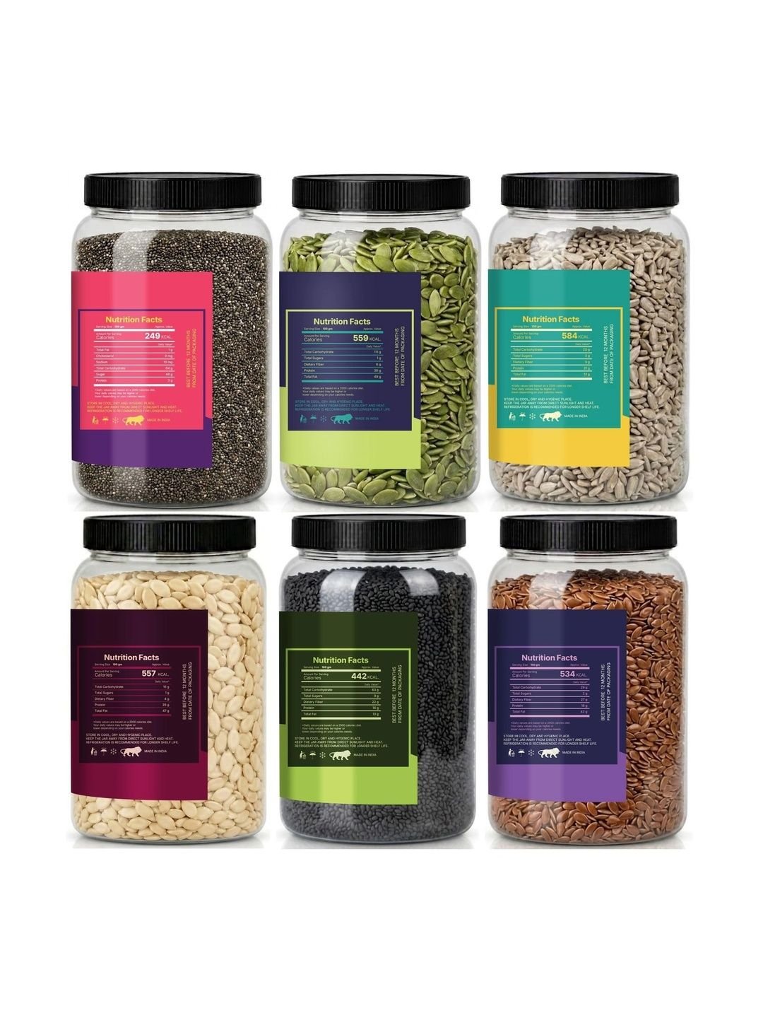 LILA DRY FRUITS Set Of 6 Chia Flax Basil Pumpkin Sunflower Watermelon Seed - 250 g Each - Image 2