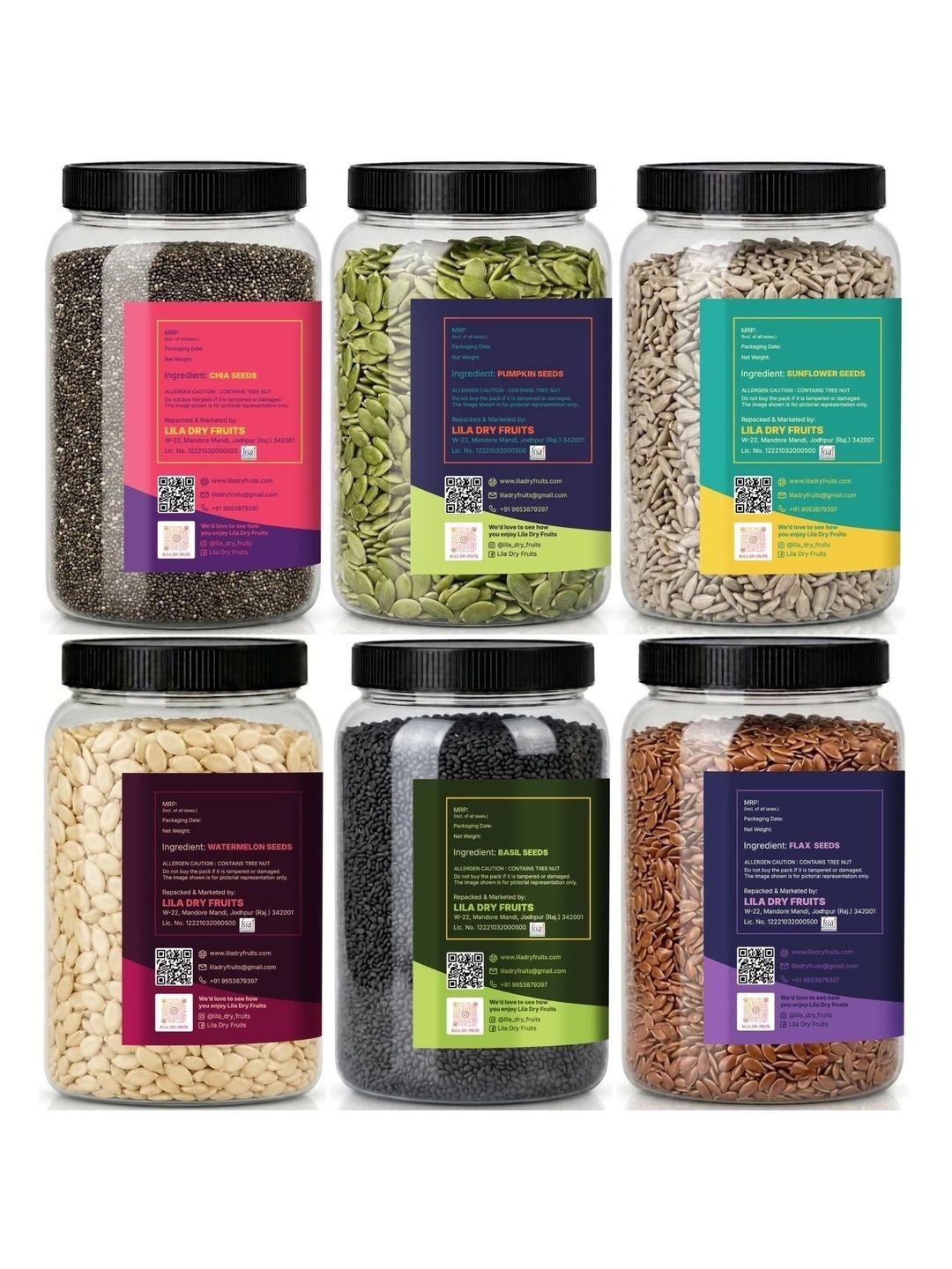 LILA DRY FRUITS Set Of 6 Chia Flax Basil Pumpkin Sunflower Watermelon Seed - 250 g Each - Image 3