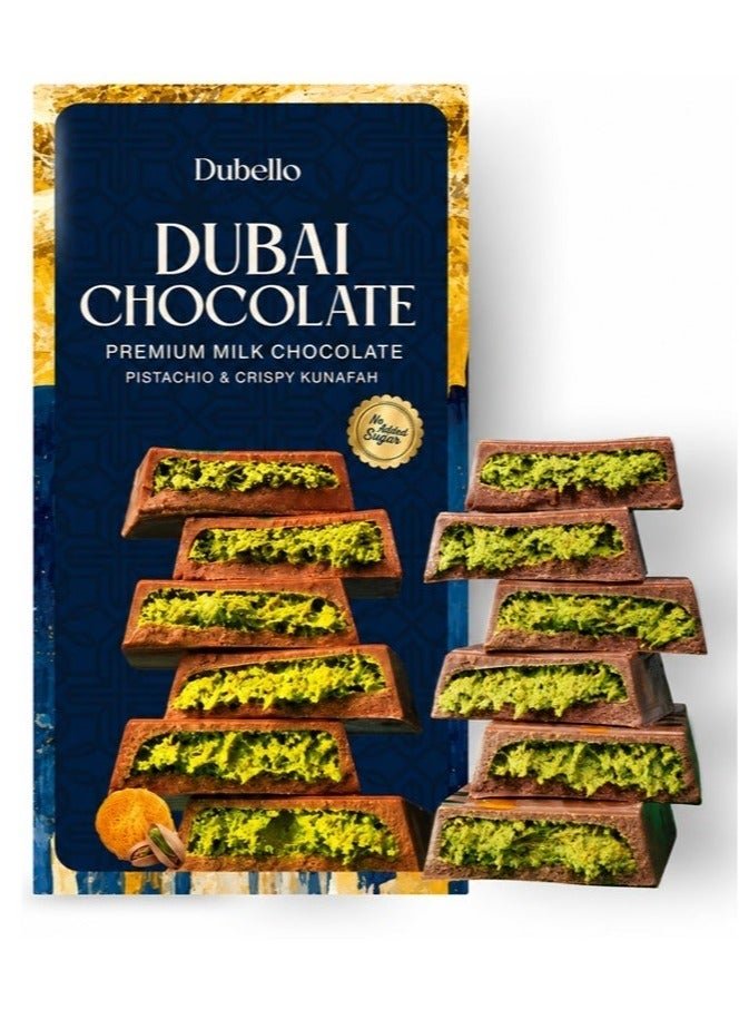 DUBELLO Dubai Chocolate – Premium Milk Chocolate with Pistachio Cream & Crispy Kunafa – No Added Sugar – Luxury Middle Eastern Style Chocolate Bar – Gourmet Gift - 100g