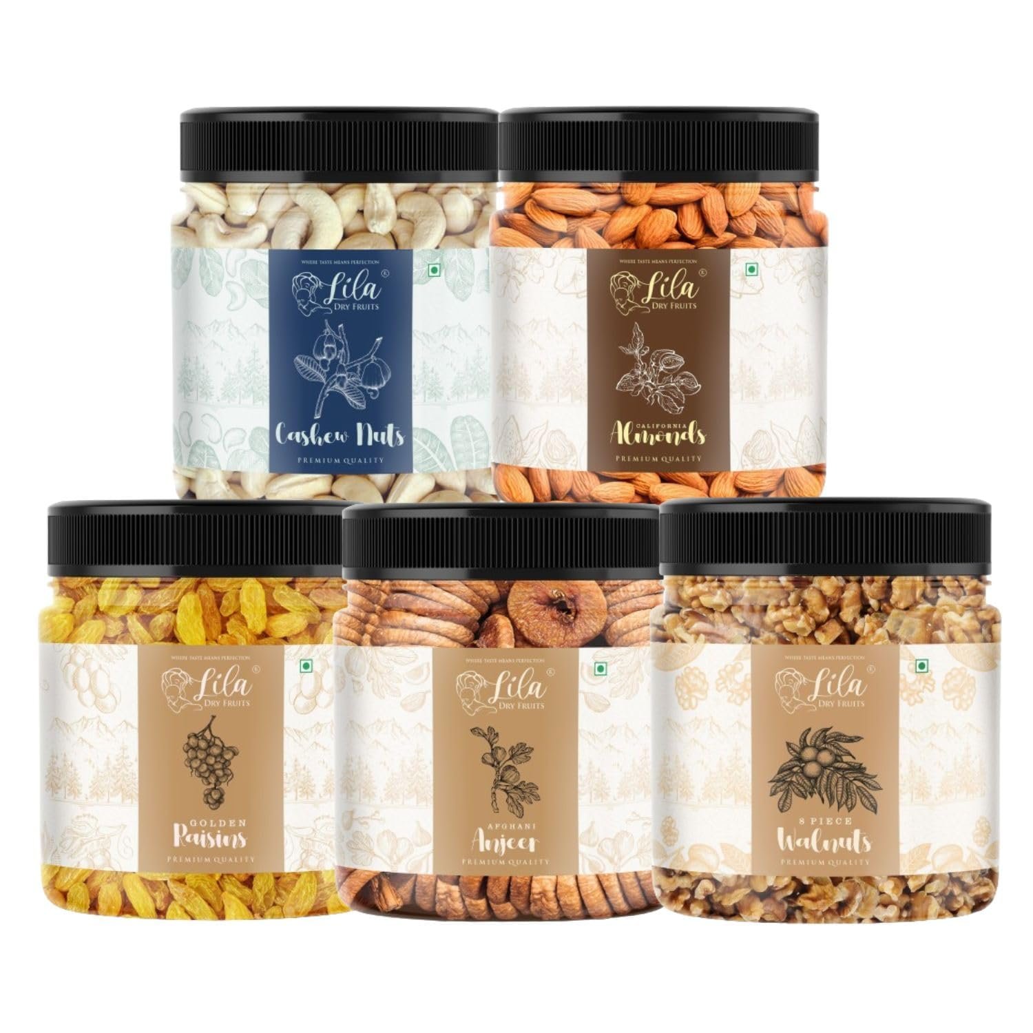 LILA DRY FRUITS Daily Needs Combo Pack (100g x 5) Almonds, Walnuts, Anjeer, Cashews, Raisins | Healthy and Nutritious | Rich in Vitamins Minerals | Dry Fruit Mix Perfect for Gifting, 500 Gram