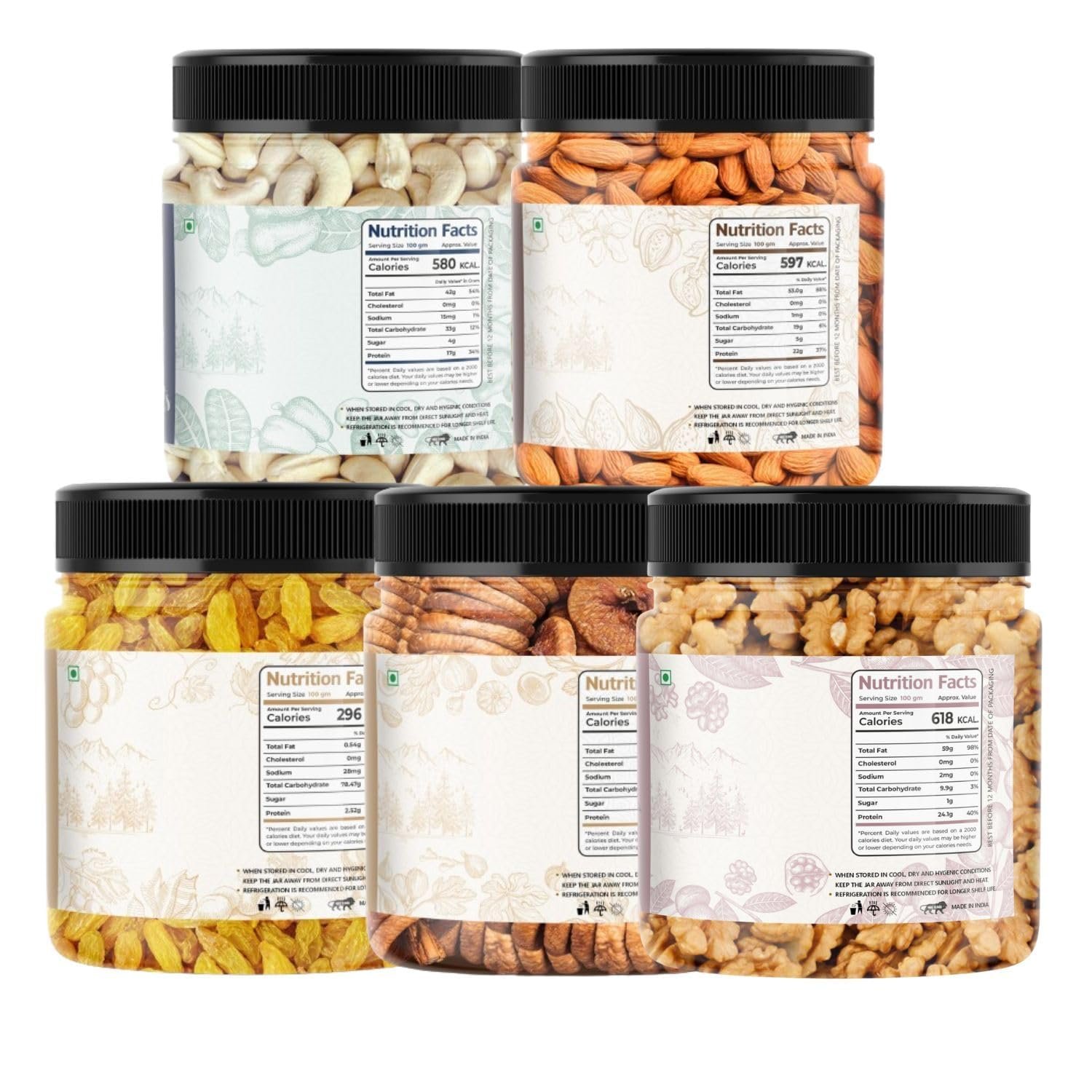 LILA DRY FRUITS Daily Needs Combo Pack (100g x 5) Almonds, Walnuts, Anjeer, Cashews, Raisins | Healthy and Nutritious | Rich in Vitamins Minerals | Dry Fruit Mix Perfect for Gifting, 500 Gram - Image 2