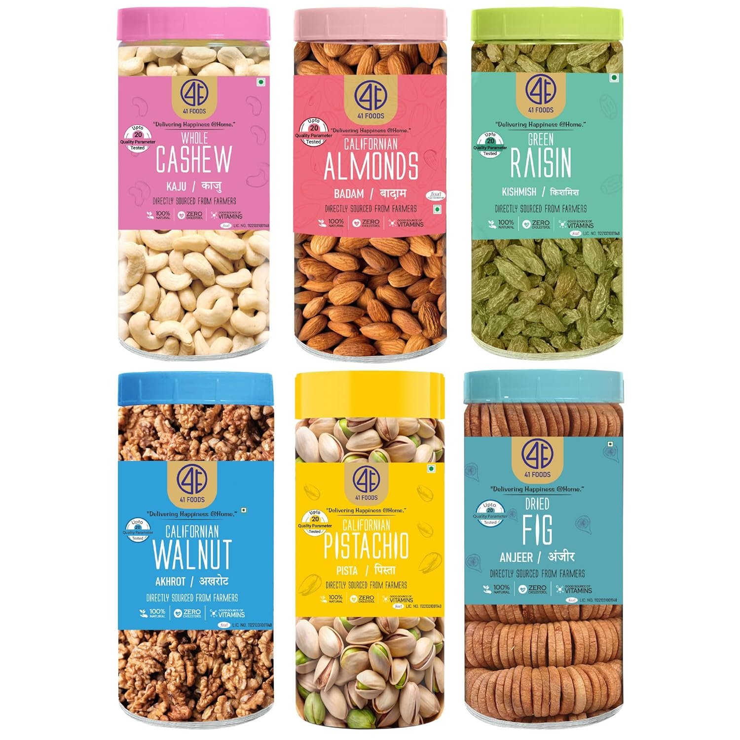 41 Foods Premium Dry Fruits Combo of Almonds Cashews Figs Pistachios Raisins and Walnuts | 1.2 KG (200g x 6)