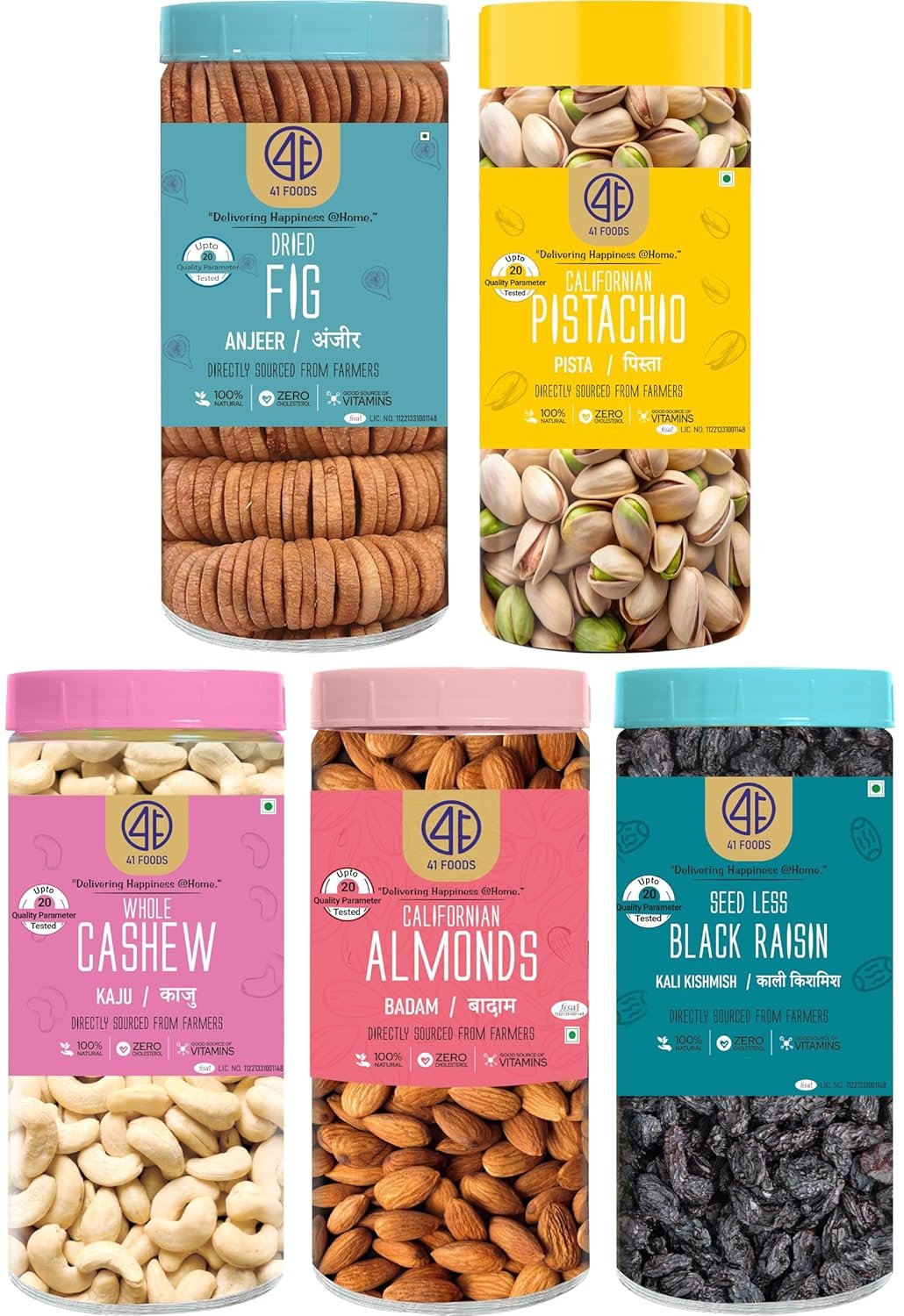 41 Foods Premium Dry Fruits Combo of Almonds Black Raisins Cashews Figs and Pistachios | 2.5 KG (500g x 5)