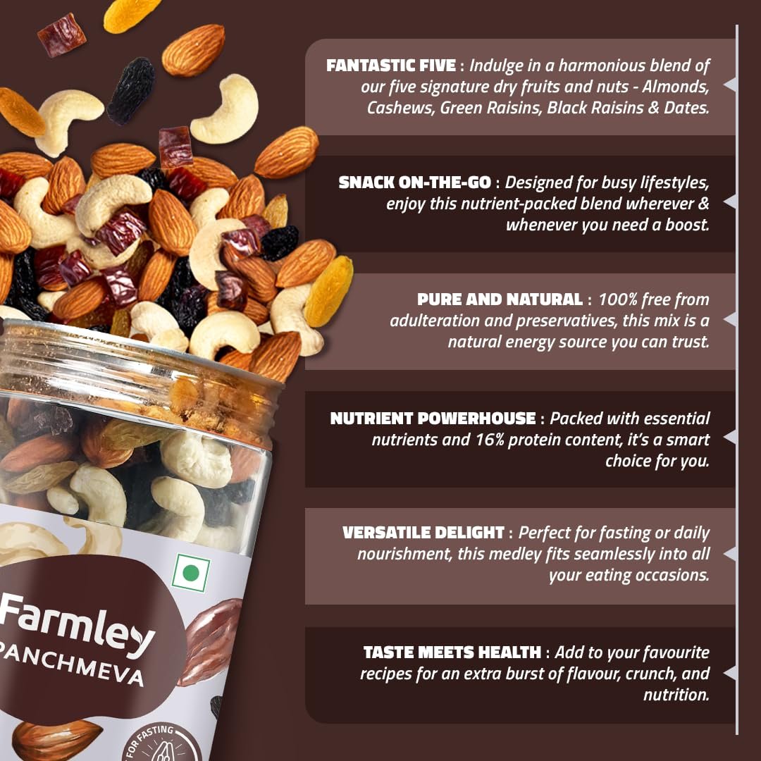 Farmley Panchmeva Dry Fruits Mix, 905 g I Fit for Fasting | Healthy Snacks Mixed Nuts Contain Almonds, Cashews, Dates, Black Raisin, Green Raisin - Image 3