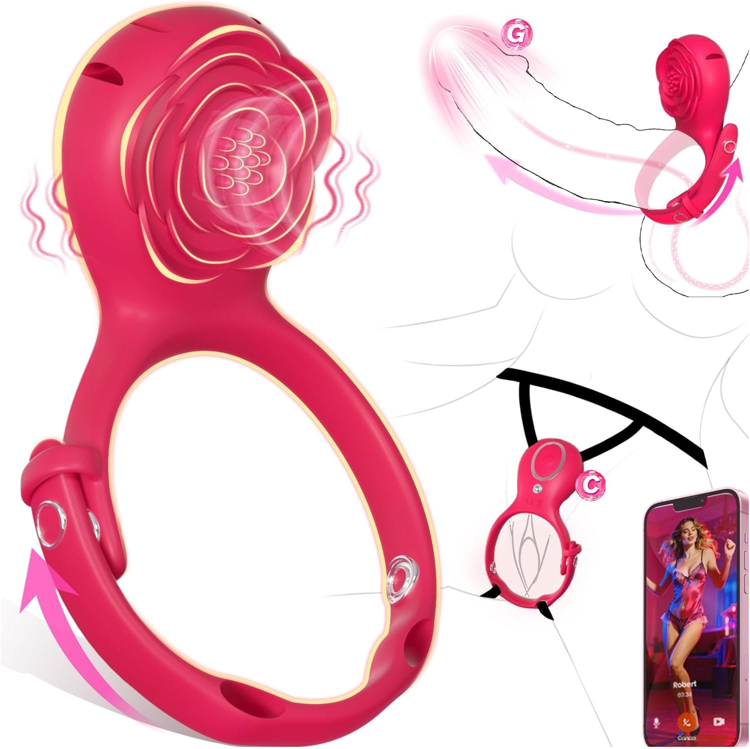 ZOOPLOU Vibrating Cock Ring Couples Wearable Vibrator Adjustable 2-in-1 | Penis Sex Toy, Rose Adult for Men Women, BDSM, Bondage, App Remote Control, Hands Free Panty Vibrator, Clitoral Stimulator