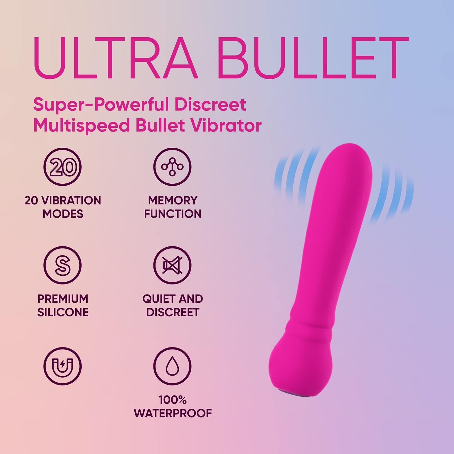 FemmeFunn Ultra Bullet Vibrator for Women, 20 Modes, Waterproof Silicone | Whisper-quiet, extra-soft mini design with magnetic USB charging for discreet travel, clitoral stimulation and couples play.