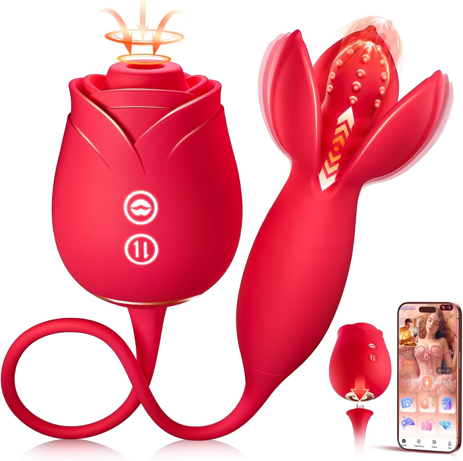 MOOLIGIRL Rose Toy Couple Vibrator Sex Toys for Women, Detachable Sucking Vibrator & Blooming Thrusting Dildo, 10 Modes, App AI Control Adult Toy for Female, G-Spot Clitoral Nipple Paddles S&M Whips