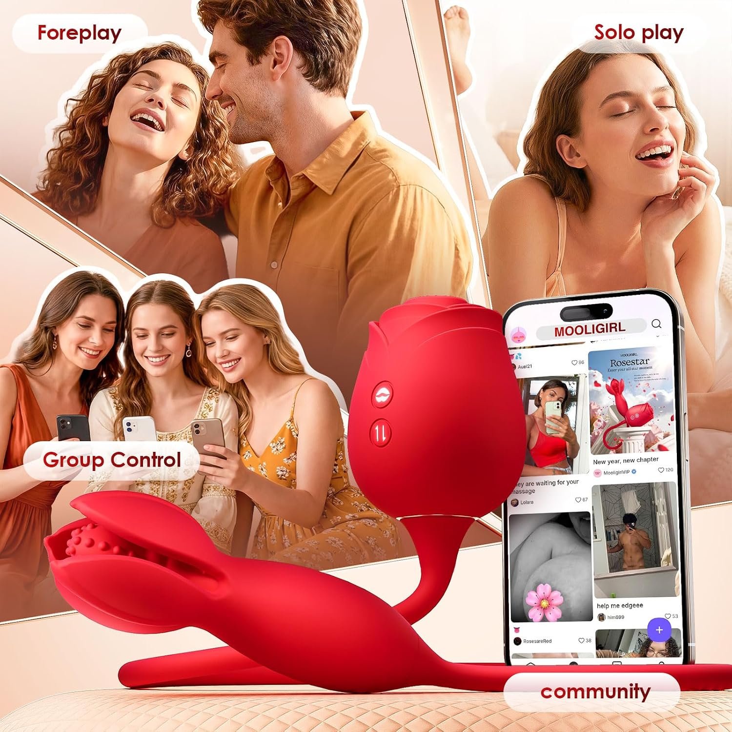 MOOLIGIRL Rose Toy Couple Vibrator Sex Toys for Women, Detachable Sucking Vibrator & Blooming Thrusting Dildo, 10 Modes, App AI Control Adult Toy for Female, G-Spot Clitoral Nipple Paddles S&M Whips - Image 8