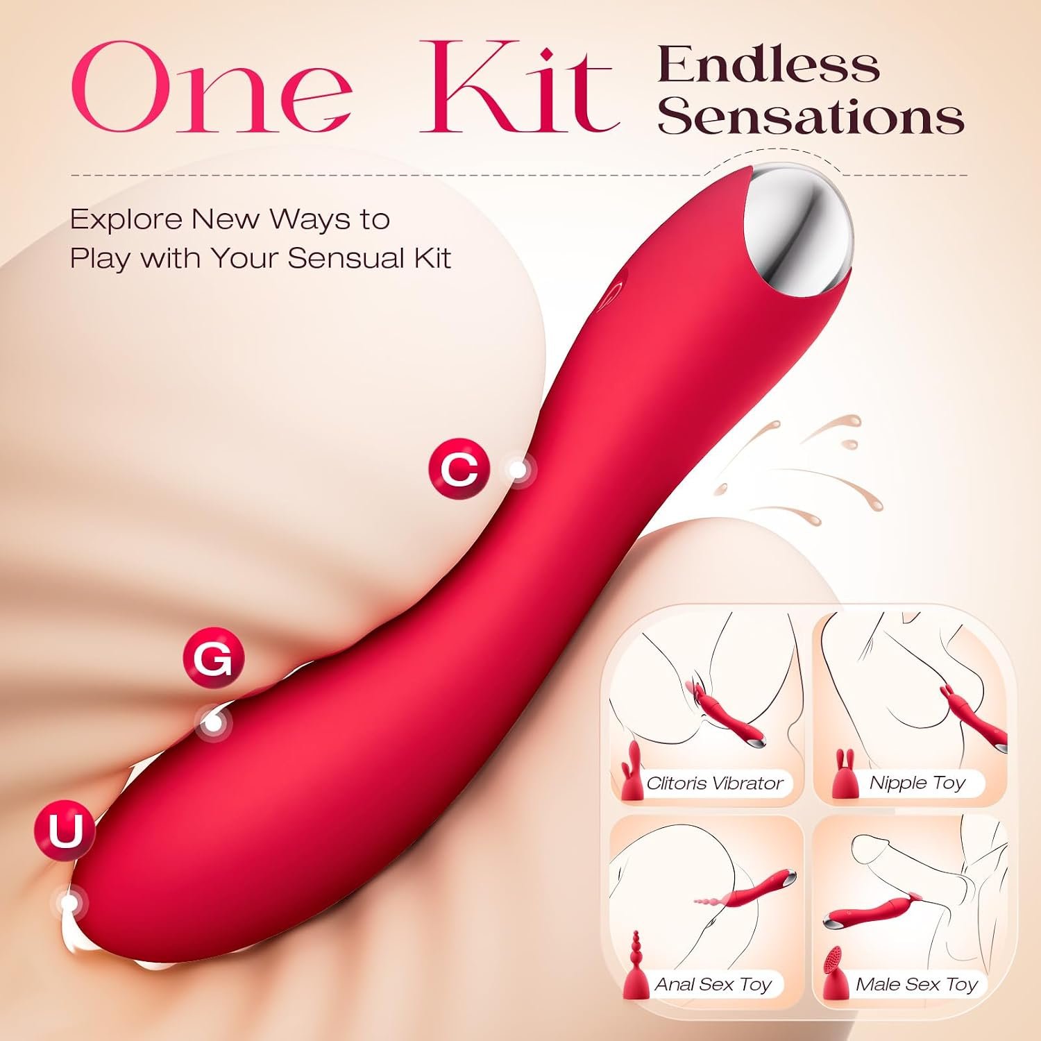 MOOLIGIRL Vibrator Kits, Women Sex Toys Adult Toy with 4 Silicone Heads | 20 Modes, App Control & IPX6 Vibrating Dildo for G-Spot, Clitoral, Nipple & Anal Play, Rose Toy for Solo or Couples - Red - Image 2