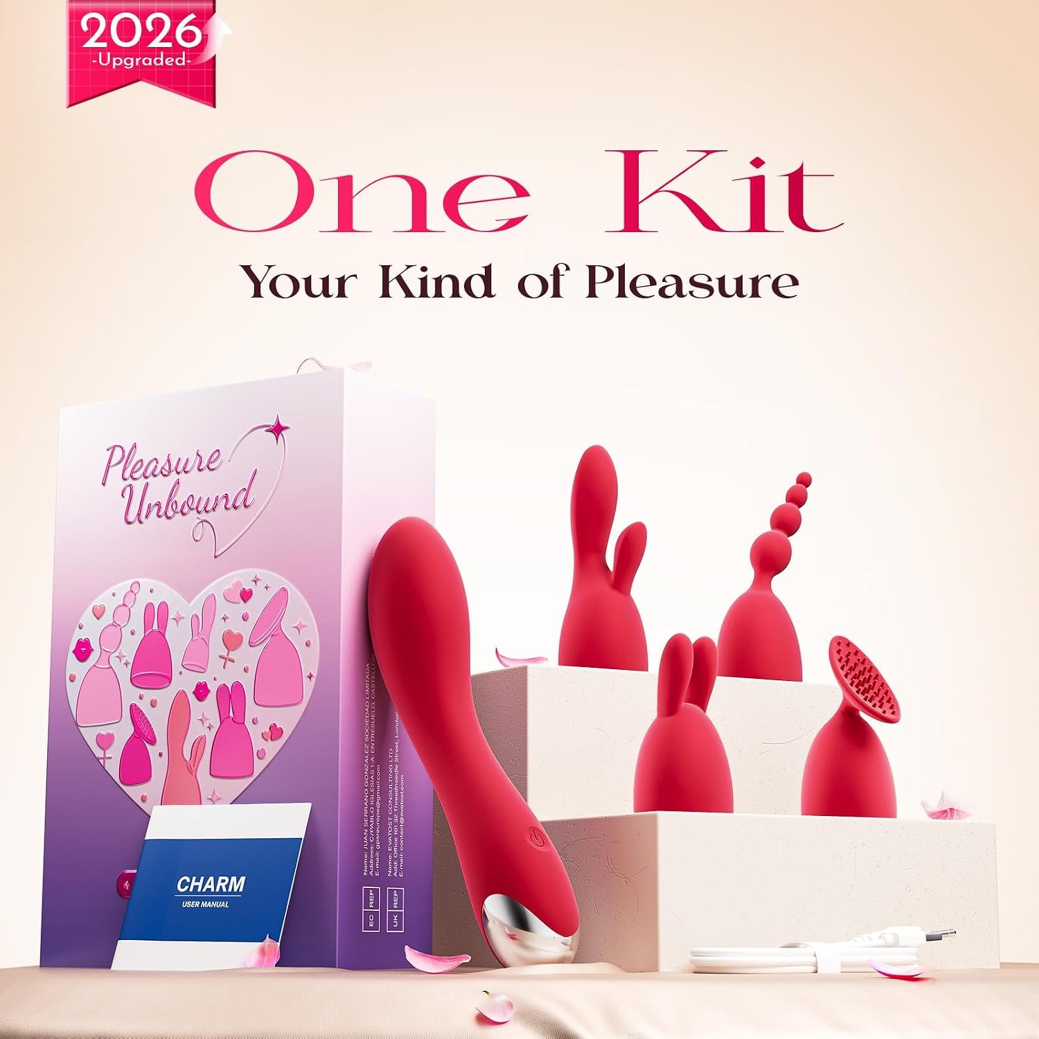 MOOLIGIRL Vibrator Kits, Women Sex Toys Adult Toy with 4 Silicone Heads | 20 Modes, App Control & IPX6 Vibrating Dildo for G-Spot, Clitoral, Nipple & Anal Play, Rose Toy for Solo or Couples - Red - Image 9