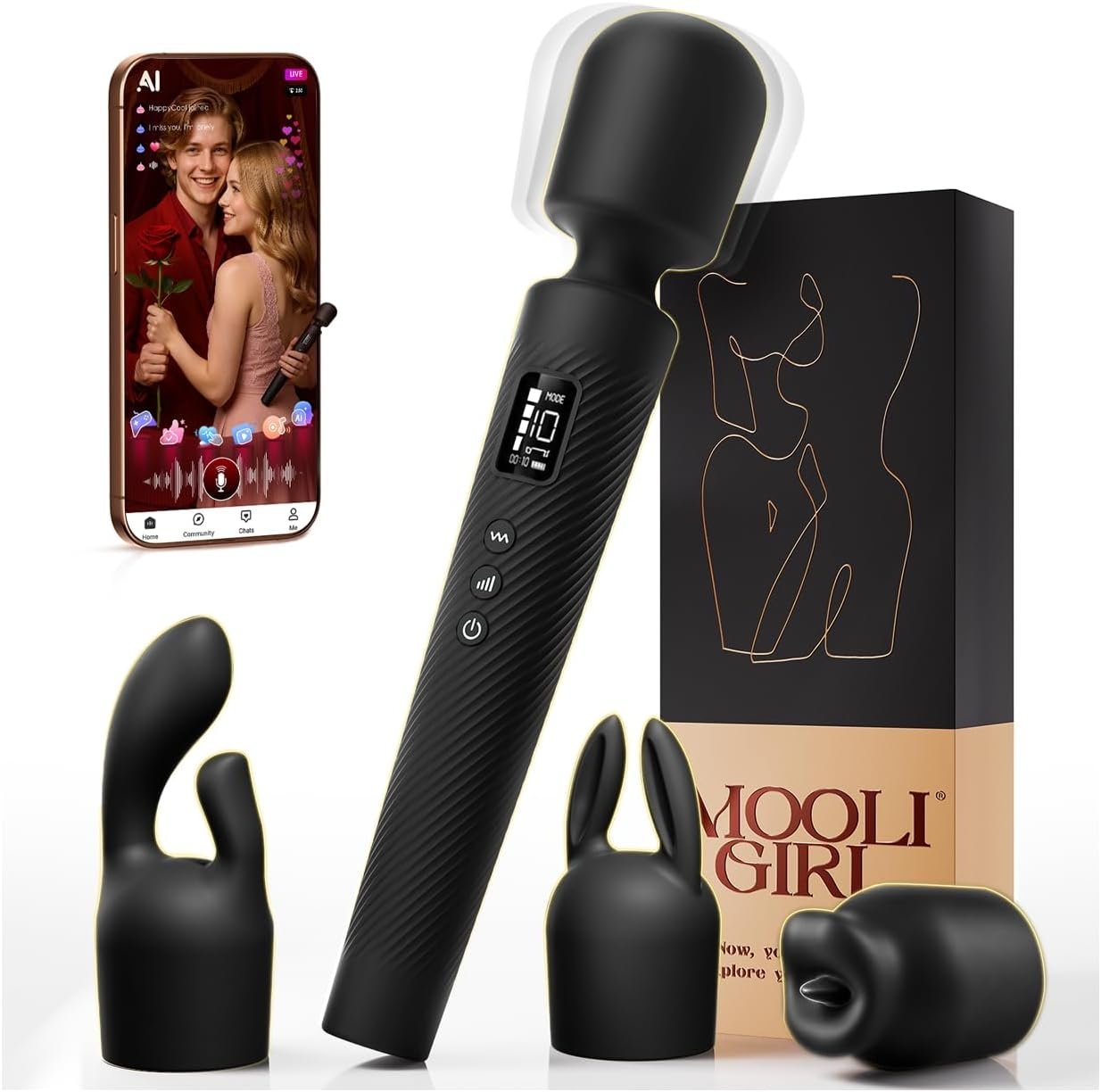 MOOLIGIRL Vibrator Kits, Women Sex Toys Adult Toy with 4 Silicone Heads | 20 Modes, App Control & IPX6 Vibrating Dildo for G-Spot, Clitoral, Nipple & Anal Play, Rose Toy for Solo or Couples - Red - Image 10