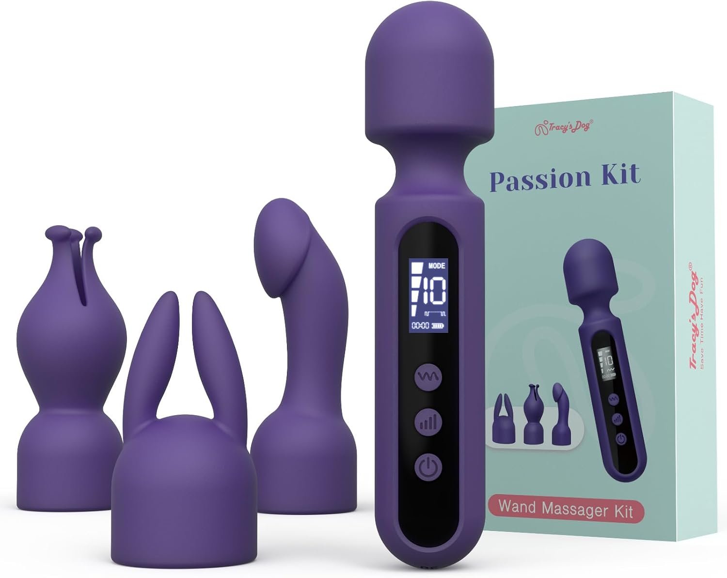 Tracy's Dog Wand Vibrator Kits, Couples Adult Sex Toys with 3 Attachments | Compact LCD Display Massager with Rabbit, Realistic Dildo, Glans Sleeve; 4 Intensities, 10 Vibration Modes, IPX6 Waterproof