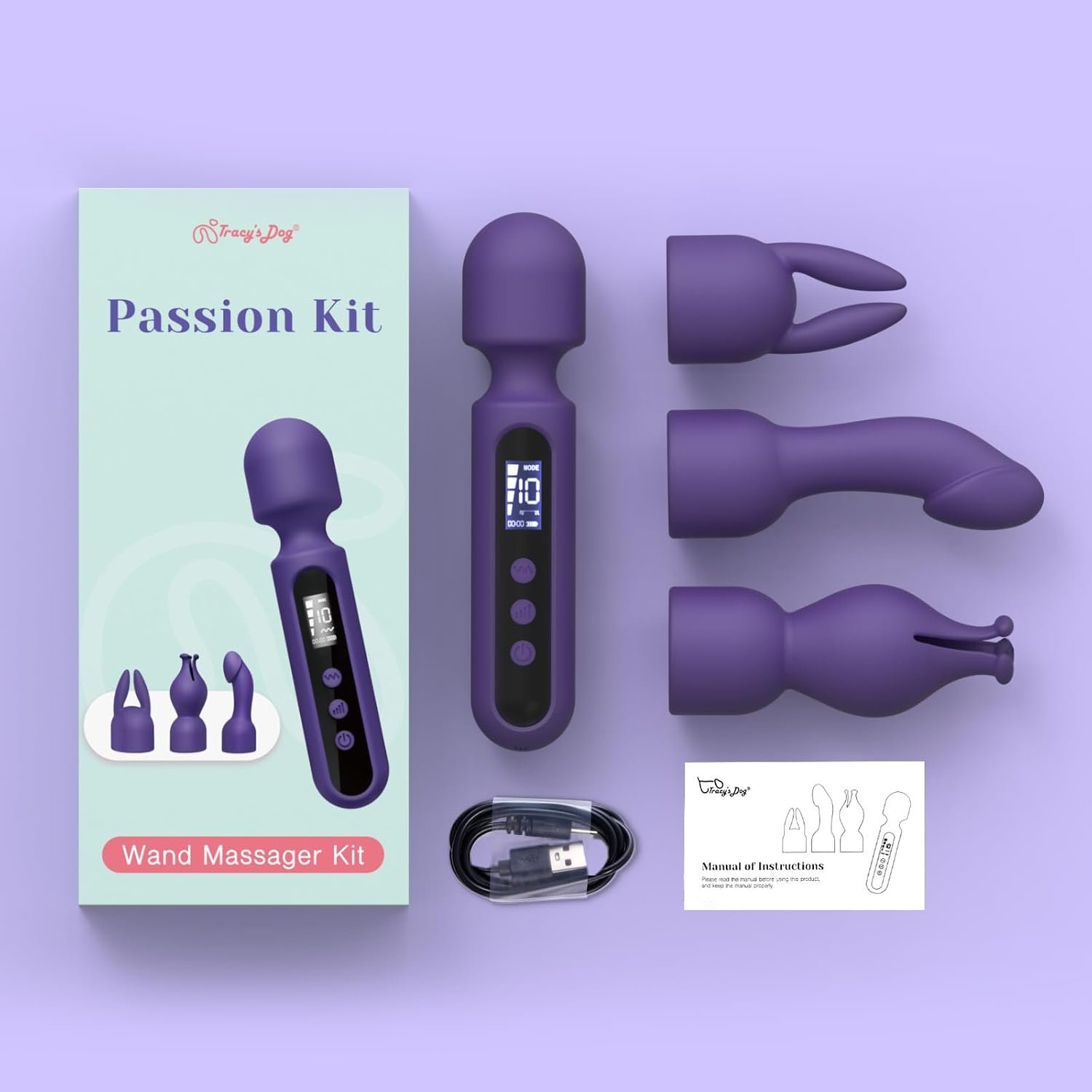 Tracy's Dog Wand Vibrator Kits, Couples Adult Sex Toys with 3 Attachments | Compact LCD Display Massager with Rabbit, Realistic Dildo, Glans Sleeve; 4 Intensities, 10 Vibration Modes, IPX6 Waterproof - Image 9