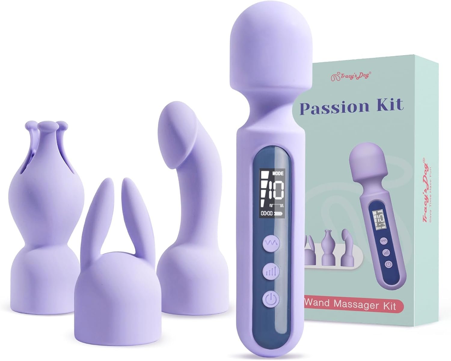 Tracy's Dog Wand Vibrator Kits, Couples Adult Sex Toys with 3 Attachments | Compact LCD Display Massager with Rabbit, Realistic Dildo, Glans Sleeve; 4 Intensities, 10 Vibration Modes, IPX6 Waterproof - Image 13