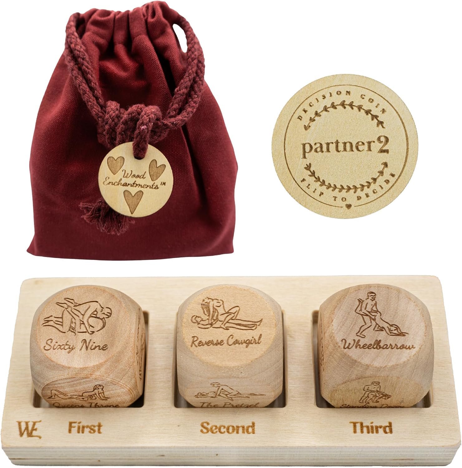 Date Night Dice Sex Game Love Set - 6 Sex Positions Dice, Decision Coin, Board & Carry Bag - Adult Sex Toys & Games for Couples, Bachelorette Party Favors, Bridal Shower Gifts Couples Gift for Him Her