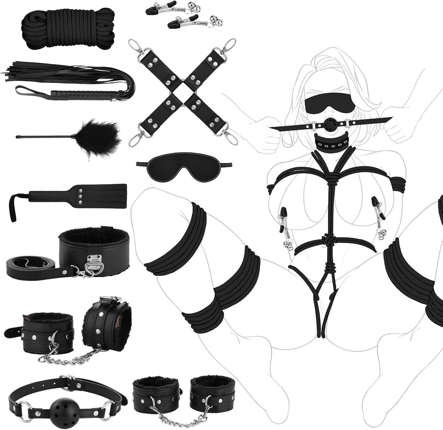 UTIMI BDSM Bondage Kit Sex Toys, Beginner-Friendly Leather Sex Restraints | 11Pcs Set with Handcuffs, Ankle Cuffs, Blindfold, Gag, Whip, Paddle & More, Premium Soft Lining, Adjustable Fit, Couples Toy