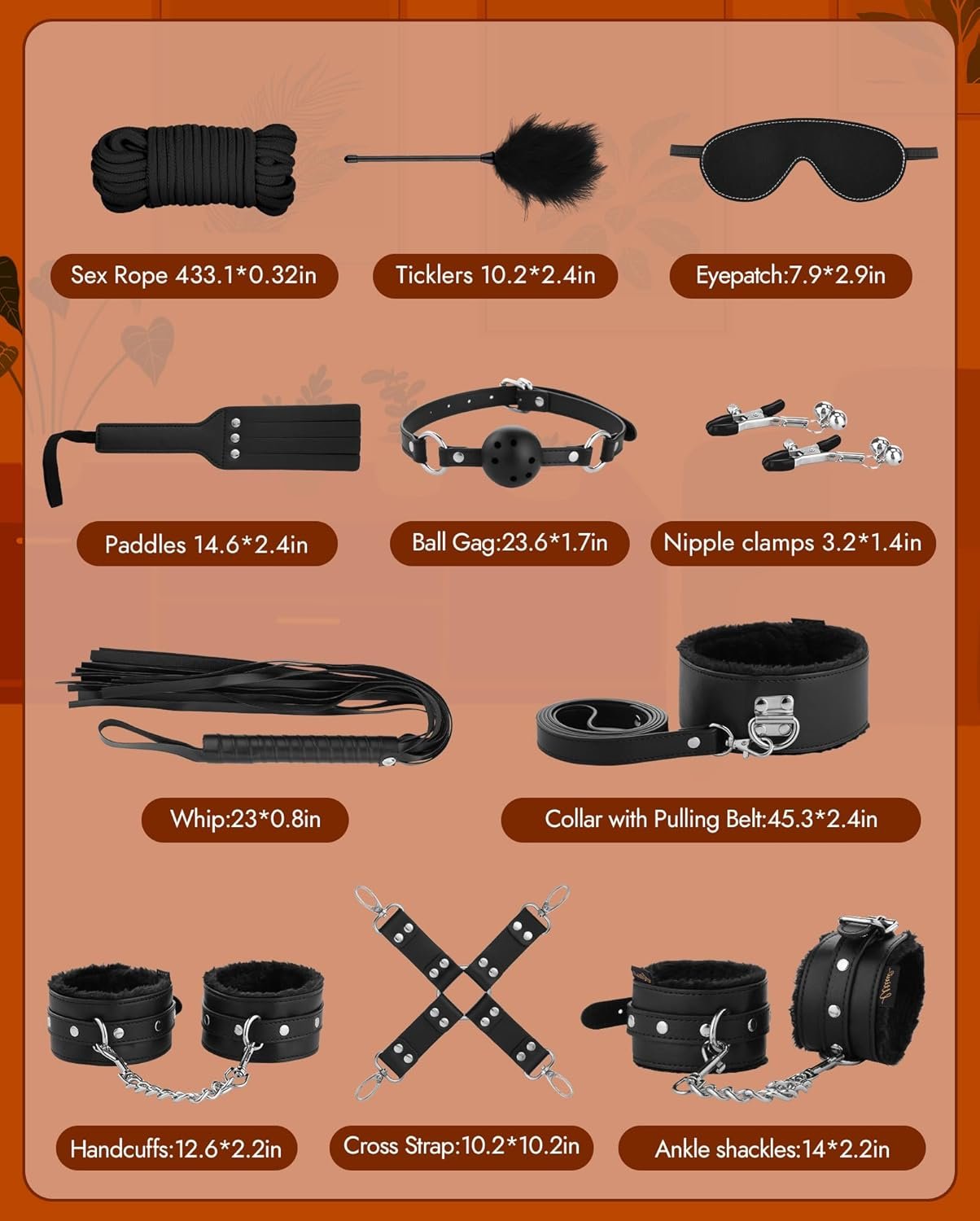 UTIMI BDSM Bondage Kit Sex Toys, Beginner-Friendly Leather Sex Restraints | 11Pcs Set with Handcuffs, Ankle Cuffs, Blindfold, Gag, Whip, Paddle & More, Premium Soft Lining, Adjustable Fit, Couples Toy - Image 8
