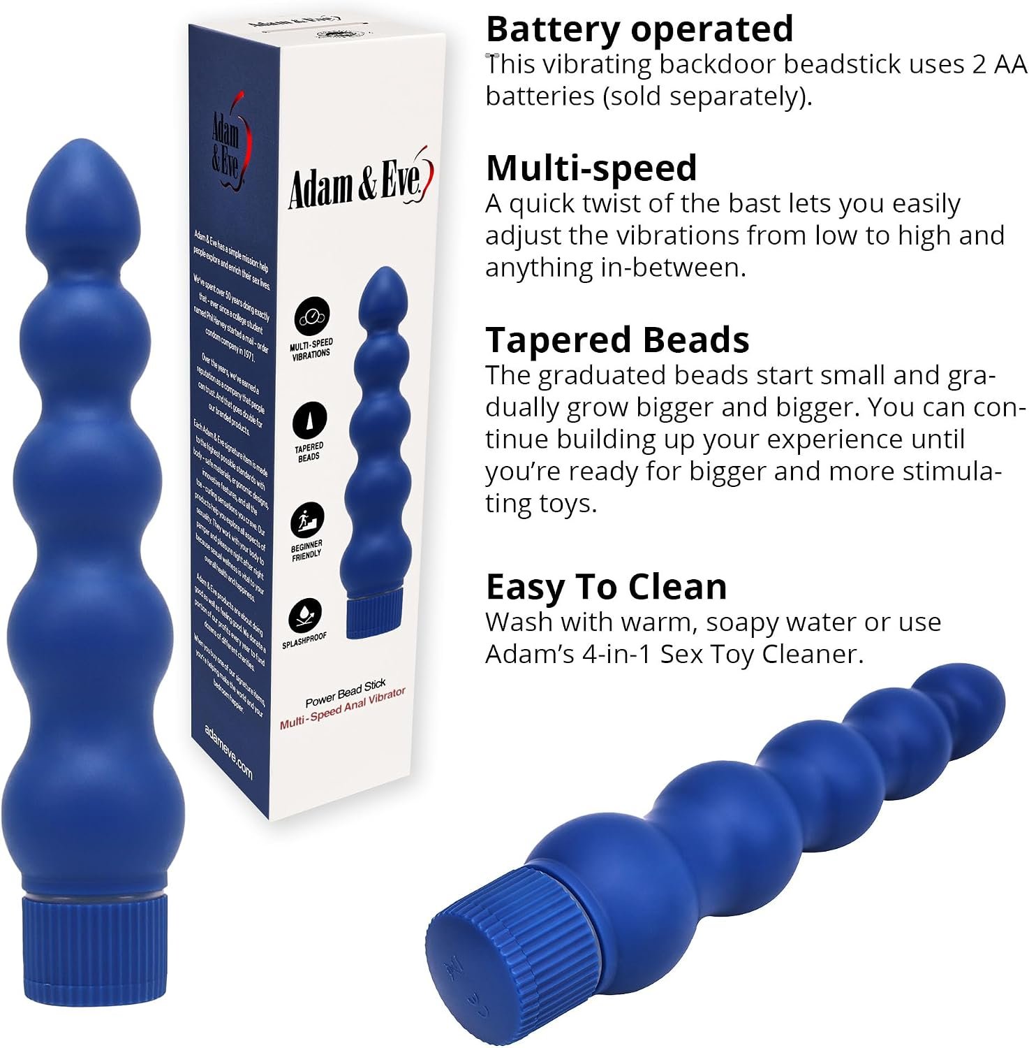 Adam & Eve Vibrating Power Beadstick, Multi-Speed Vibrations, Beaded Design, Tapered Tip for Easy Insertion, Body-Safe ABS Plastic, Works with Water-Based & Silicone Lubes, Batteries Required - Image 5