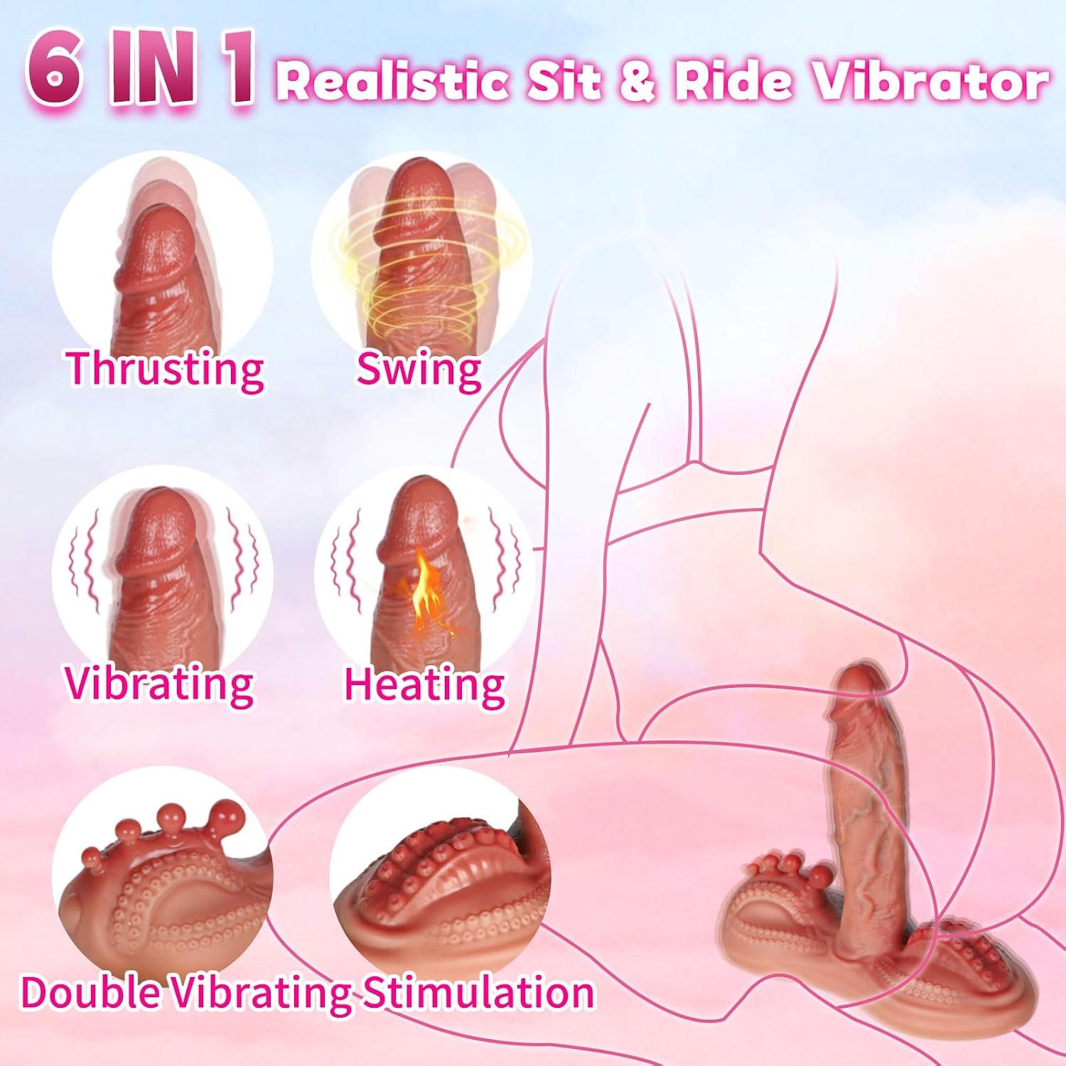 Riding Dildo Vibrator Sex Toy, 6 in 1 Sit and Ride Thrusting Dildo | Thrusting & Vibrating & Heating for G Spot Clit Dual Stimulation, Realistic Dildo Anal Vibrator with Suction Cup for Women - Image 3