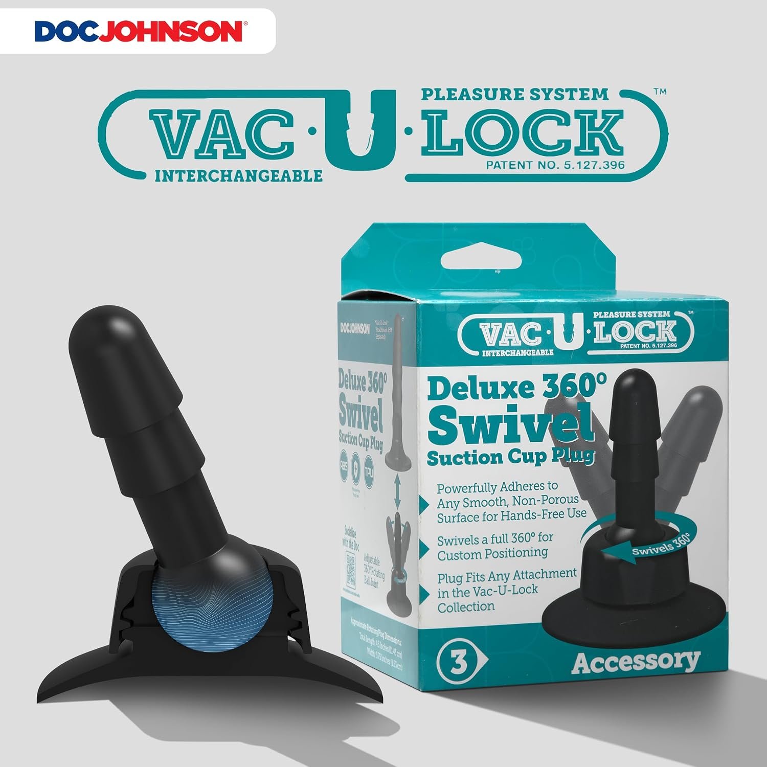 Doc Johnson Vac-U-Lock - Deluxe 360 Degree Swivel Suction Cup Plug - Swivels in Any Direction & Angle to Work Every Hot Spot, Black