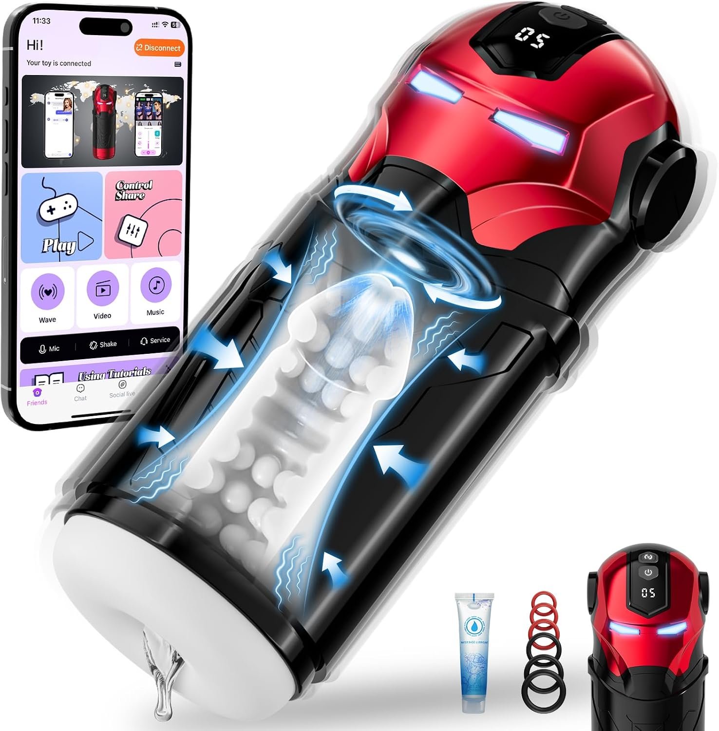 App Controlled Male Stroker with 5 Swing 5 Rotation and 5 Vibration Modes | LED lighting, 3D textured interior, pocket sleeve construction, machine-style operation, intended for adult men