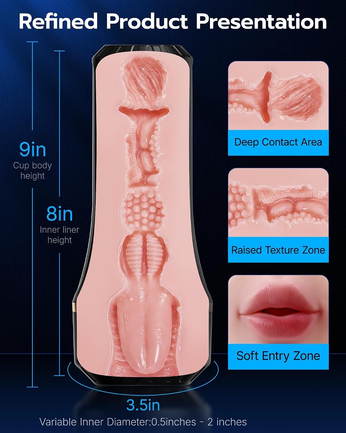 Male Masturbator with 8in Deep Oral Tongue Sleeve, Realistic Pocket Pussy 3.5in Wide Soft TPE Channel, Adjustable Suction Manual Penis Training Male Stroker, Easy Clean Adult Sex Toy for Men - Image 4