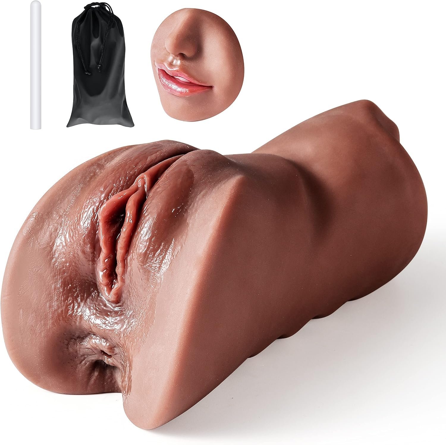 3 in 1 Pocket Pussy Male Masturbator & Drying Stick&Waterproof Storage Bag, Double-Ended Male Sex Toy Mouth Tongue Textured Vagina & Tight Anus for Men Masturbation (Wheat)