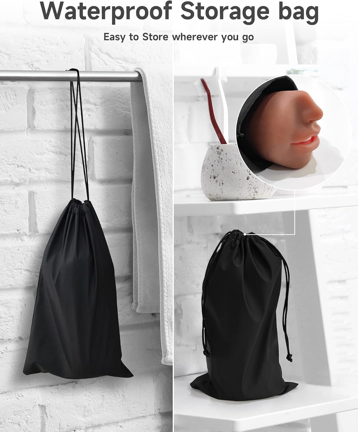3 in 1 Pocket Pussy Male Masturbator & Drying Stick&Waterproof Storage Bag, Double-Ended Male Sex Toy Mouth Tongue Textured Vagina & Tight Anus for Men Masturbation (Wheat) - Image 4
