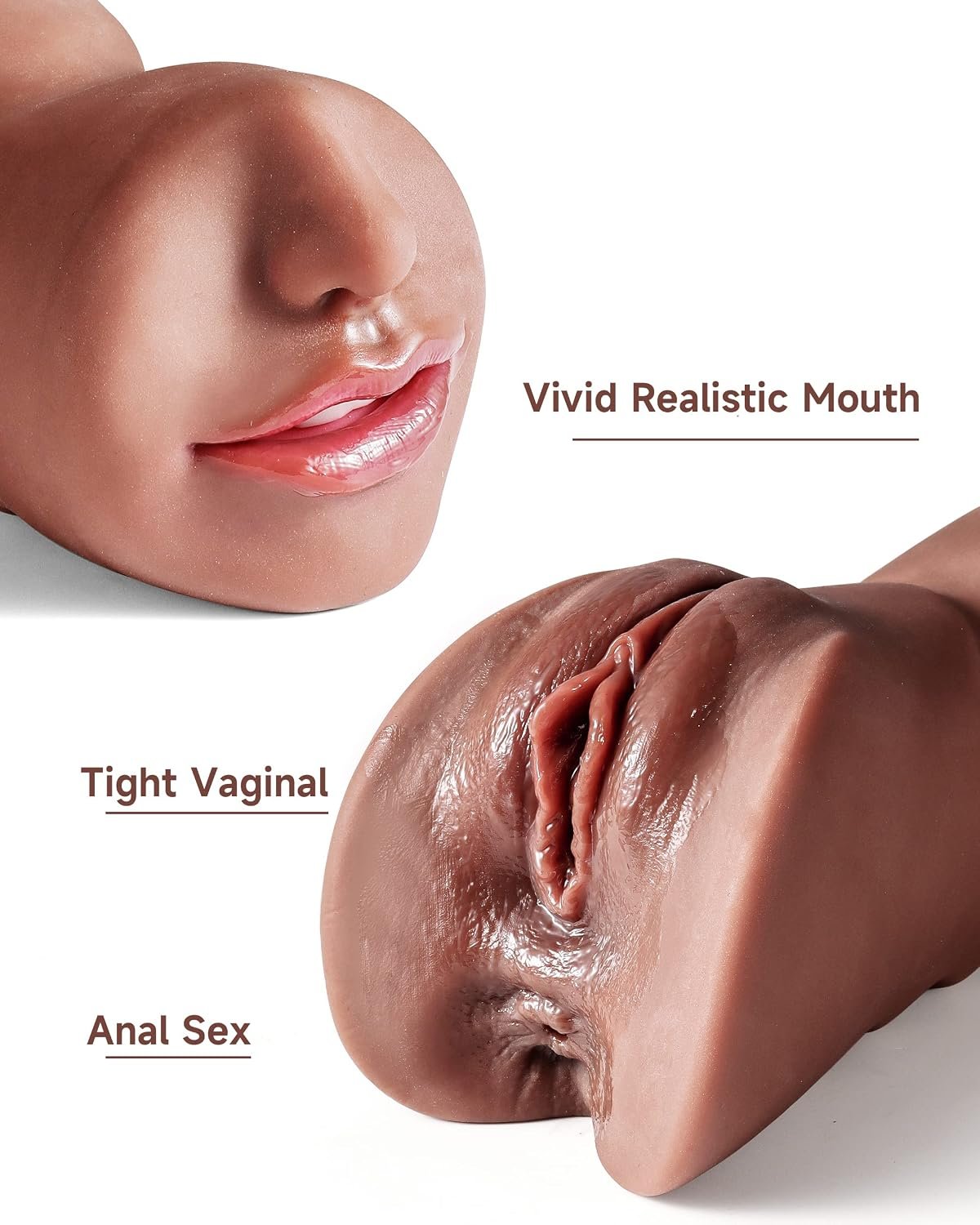 3 in 1 Pocket Pussy Male Masturbator & Drying Stick&Waterproof Storage Bag, Double-Ended Male Sex Toy Mouth Tongue Textured Vagina & Tight Anus for Men Masturbation (Wheat) - Image 5