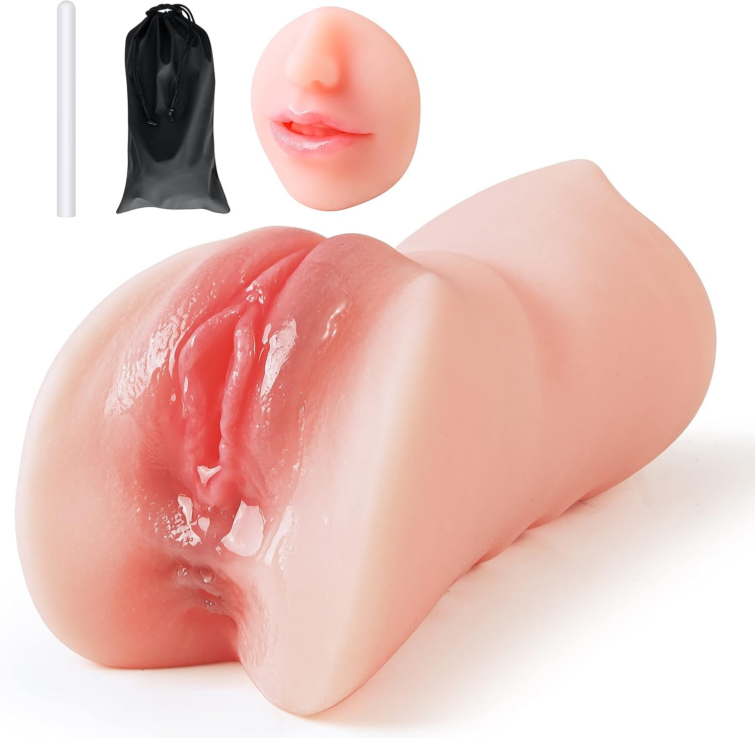 3 in 1 Pocket Pussy Male Masturbator & Drying Stick&Waterproof Storage Bag, Double-Ended Male Sex Toy Mouth Tongue Textured Vagina & Tight Anus for Men Masturbation (Wheat) - Image 8