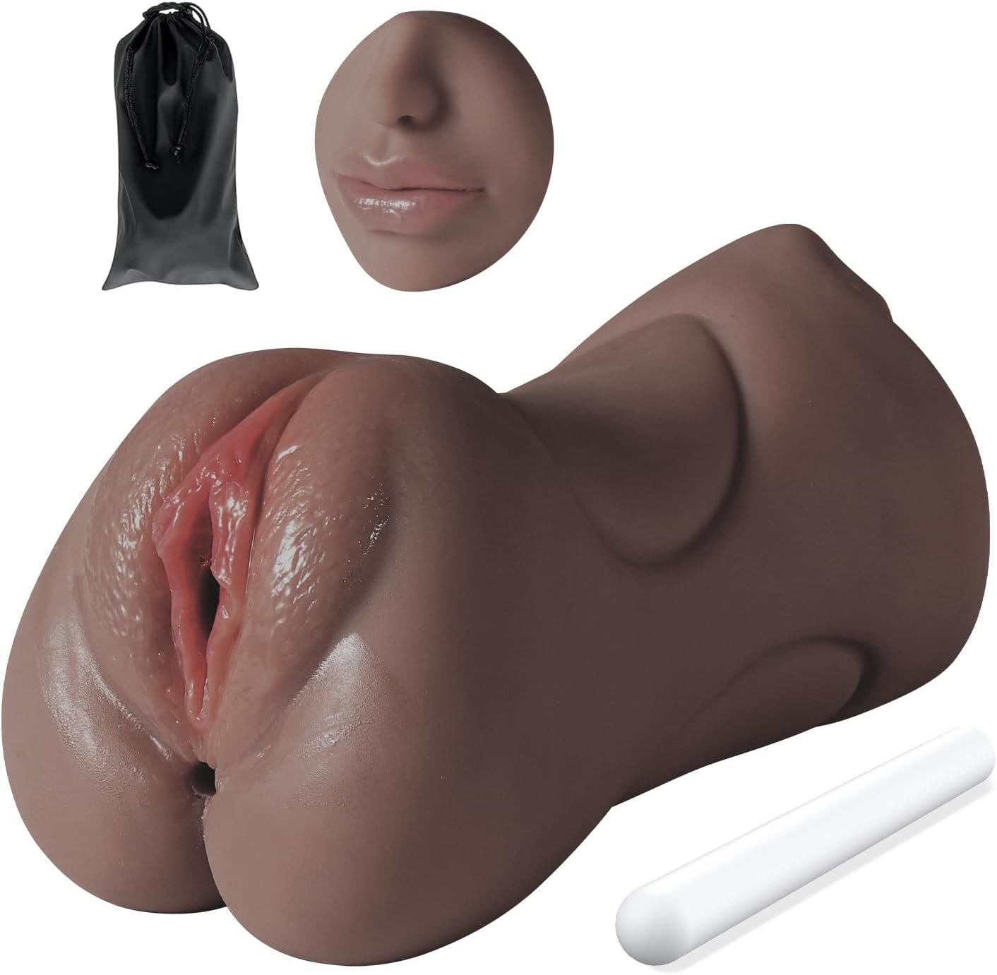 3 in 1 Pocket Pussy Male Masturbator & Drying Stick&Waterproof Storage Bag, Double-Ended Male Sex Toy Mouth Tongue Textured Vagina & Tight Anus for Men Masturbation (Wheat) - Image 9