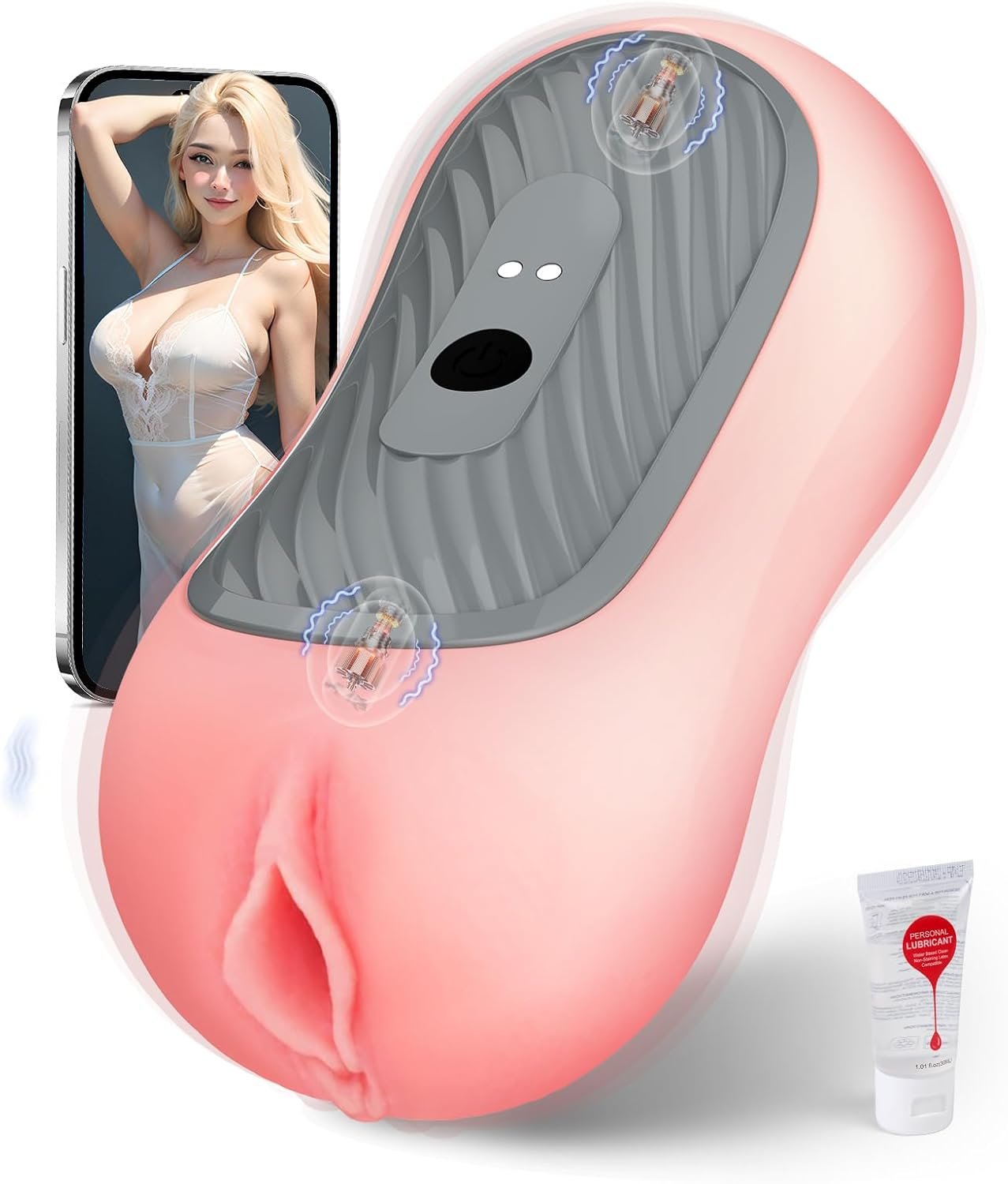 Squeezable Pocket Pussy Stroker with APP & 8 Vibrations | Manual Squeeze & Suction Control Male Masturbator, Dual-Motor, 8 Vibrations,TPE Realistic Texture, Sex Toys for Men, Peachy