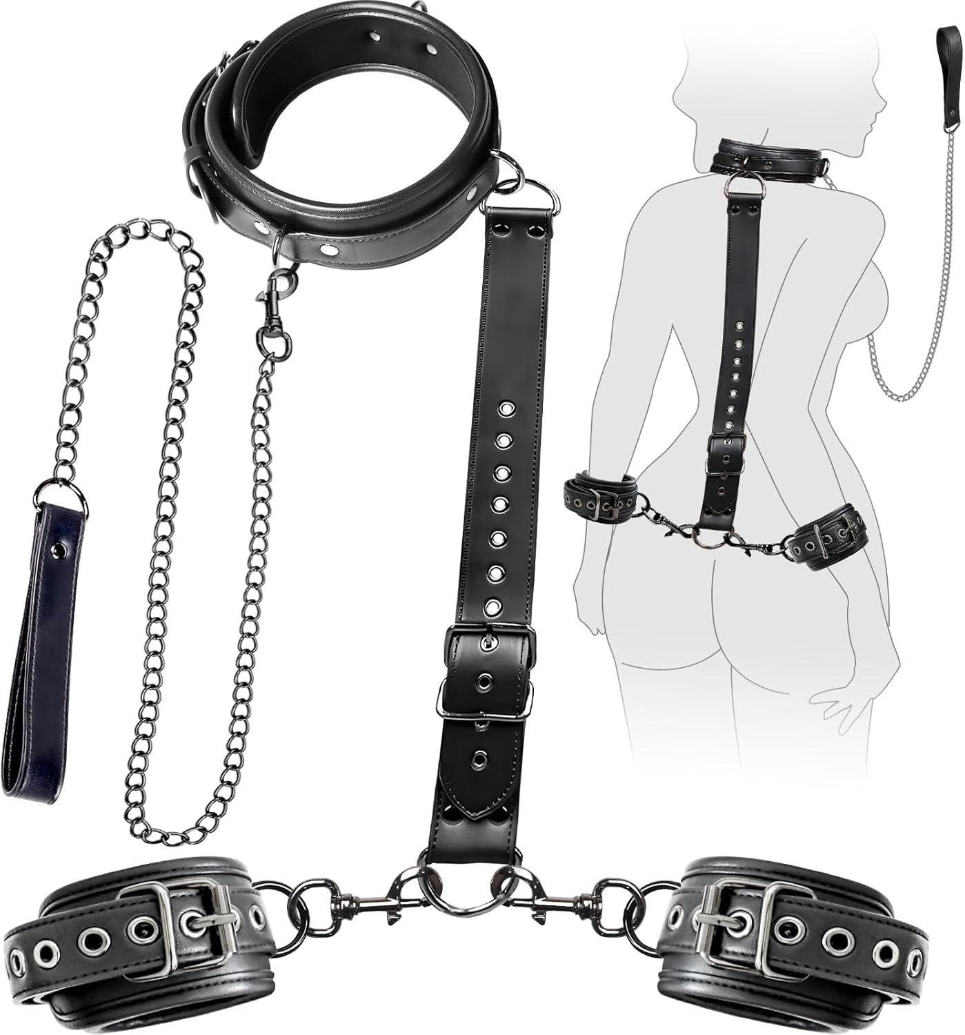 REYHKINO BDSM Bondage Restraints Set Sex Toys, Neck to Wrist Restraints Kit | Traction Chain, Back Sex Handcuffs Collar, Adjustable Bondage Gear & Accessories SM Sexy Slave Beginner Role Play Toy