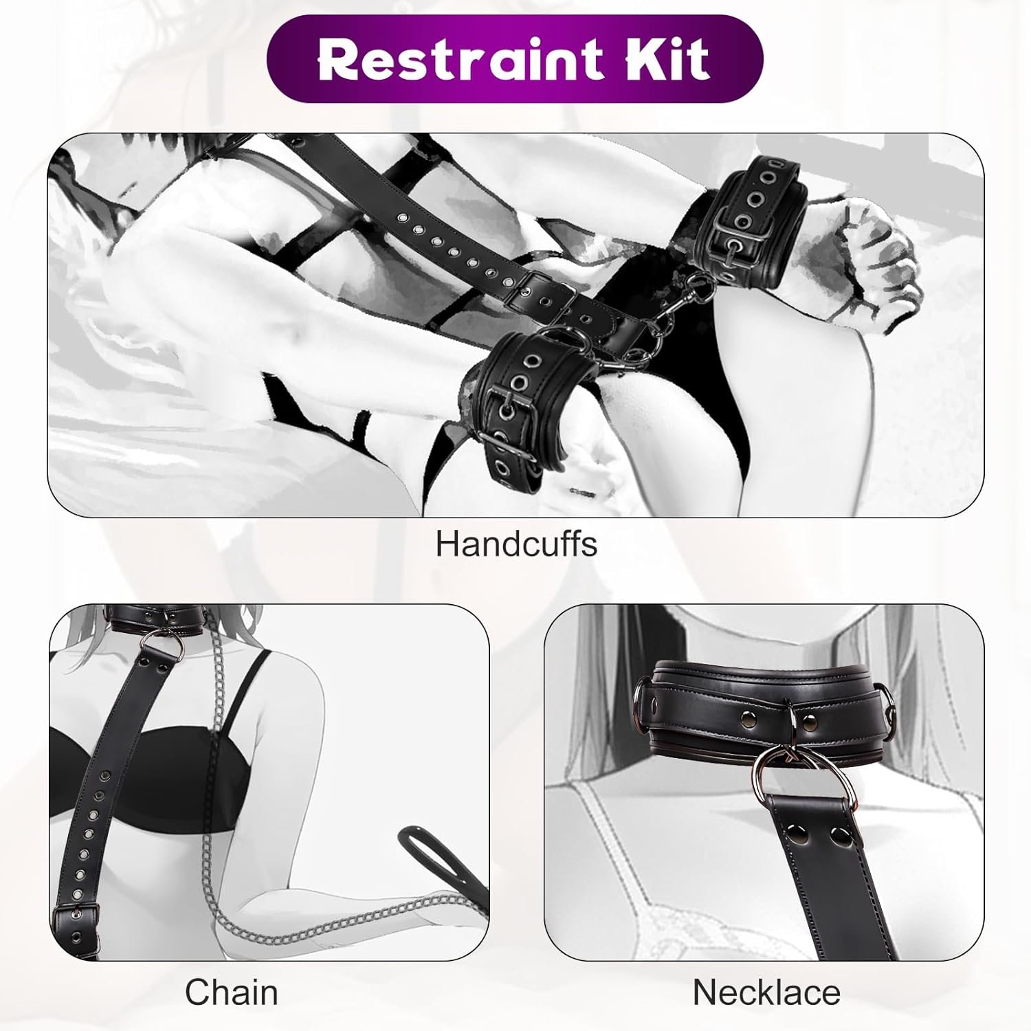 REYHKINO BDSM Bondage Restraints Set Sex Toys, Neck to Wrist Restraints Kit | Traction Chain, Back Sex Handcuffs Collar, Adjustable Bondage Gear & Accessories SM Sexy Slave Beginner Role Play Toy - Image 5